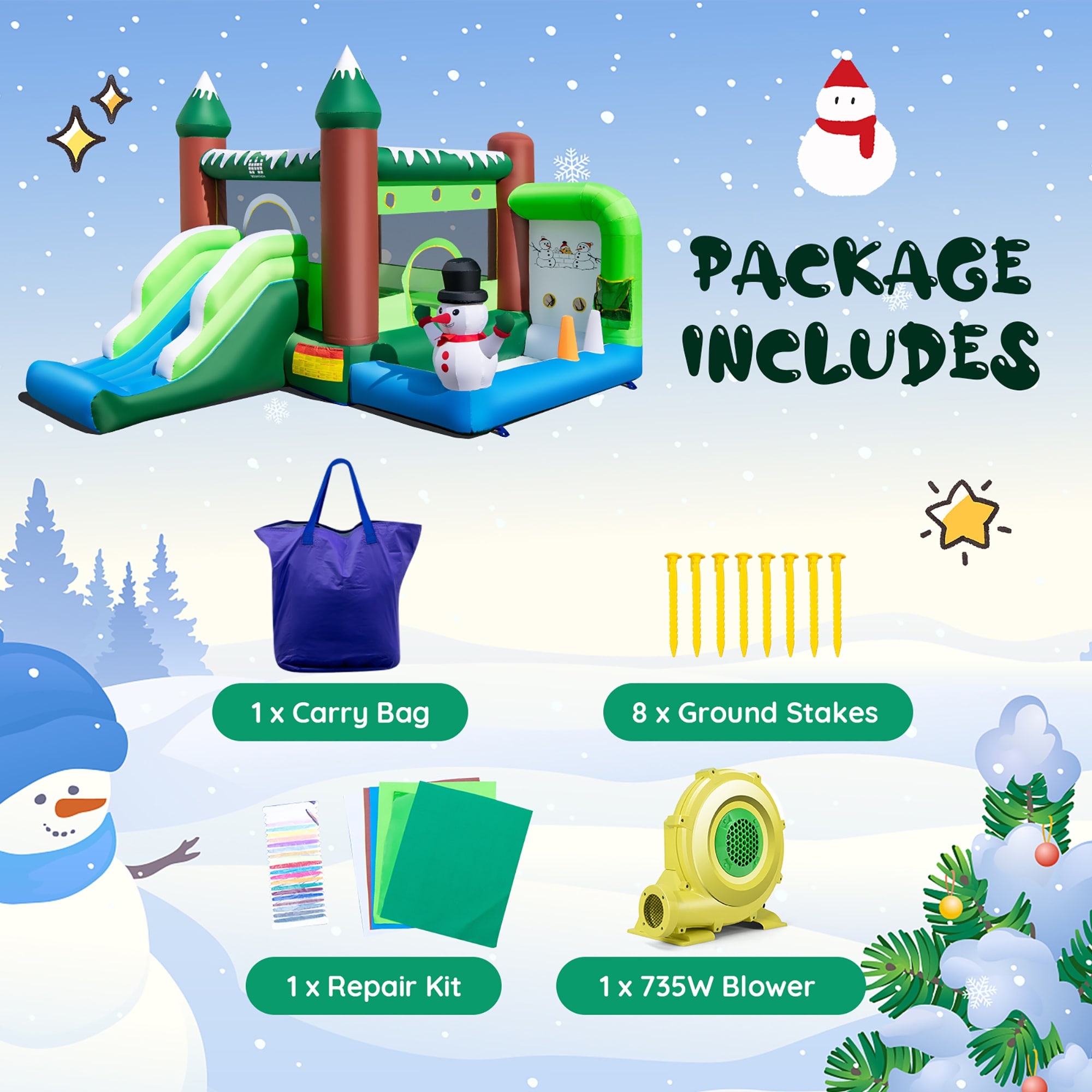 Costway 6-in-1 Winter Themed Snowman Inflatable Castle kids Jumping - 11 x 12.5 x 8ft (L x W x H)