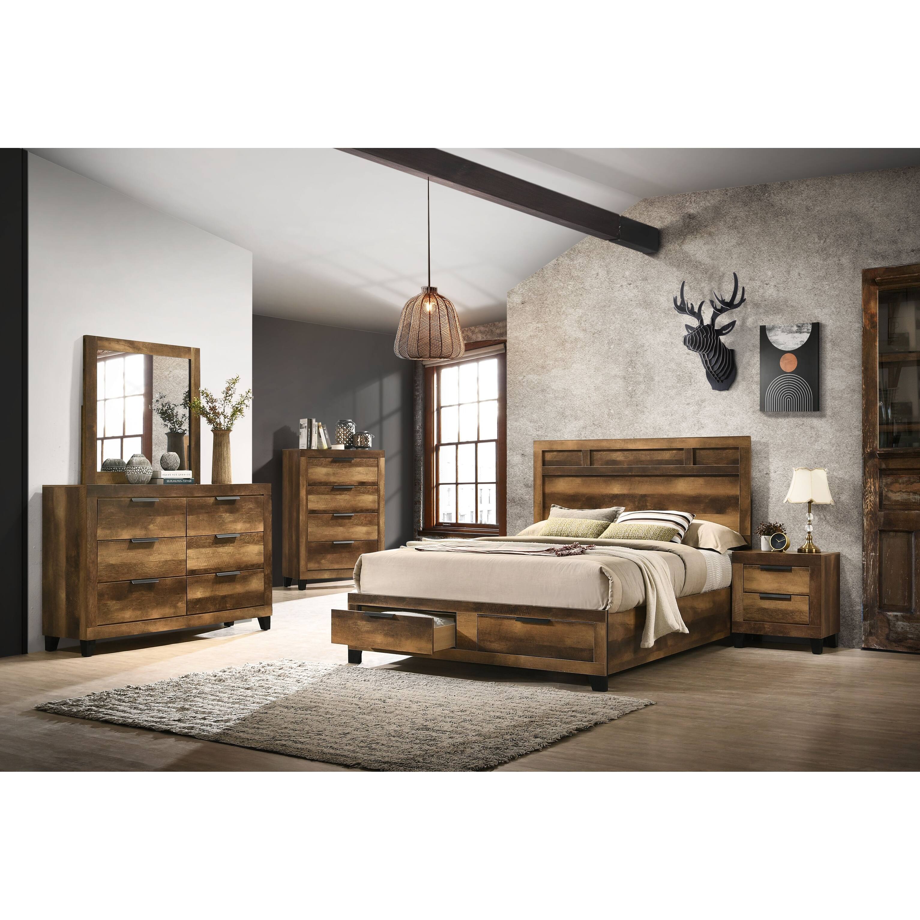 Rustic Oak Finish Transitional Queen Size Rubber Wood Storage Bed with Foot Board with 2 Drawers and Panel Headboard