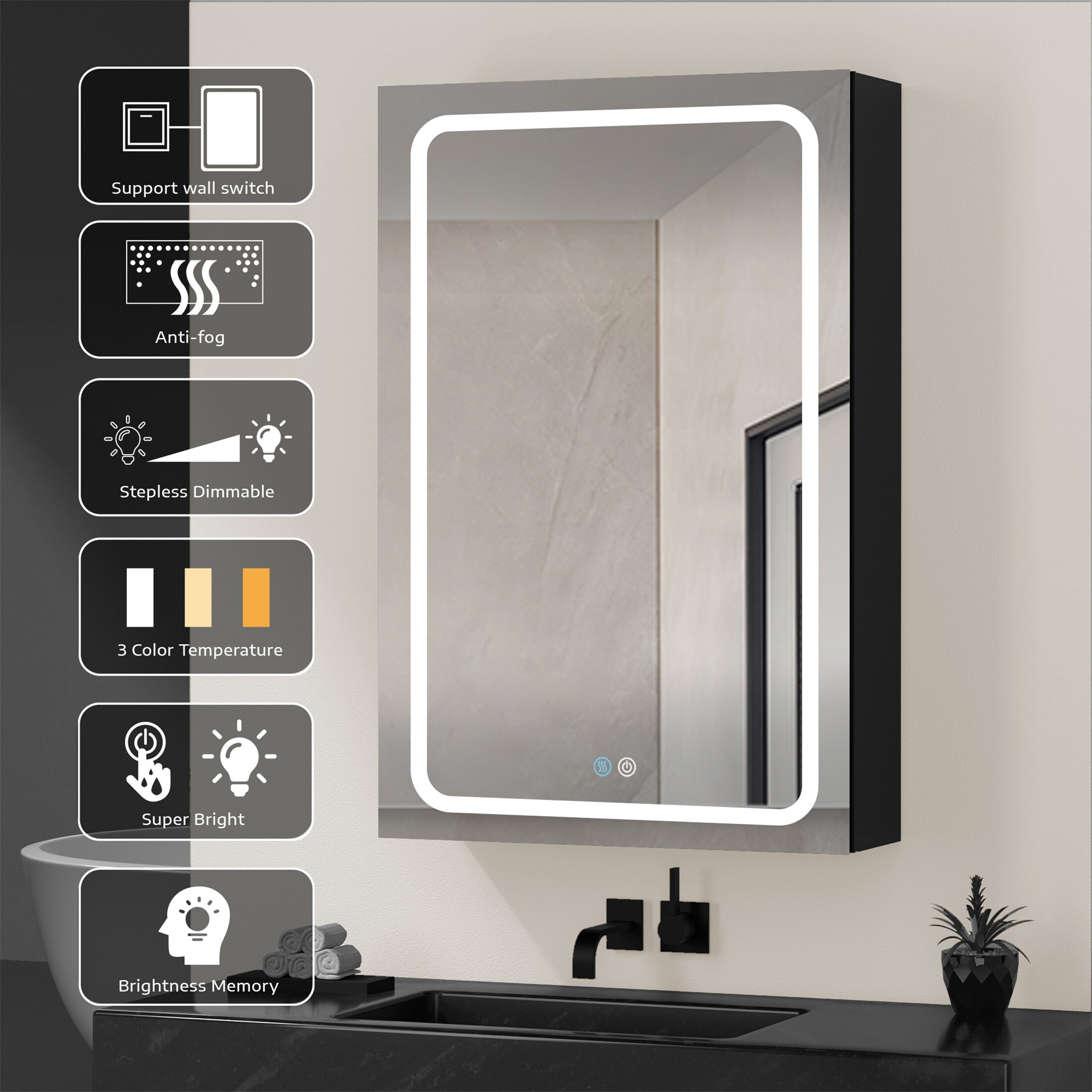 Dimmer Black 60x30 Inch LED Bathroom Medicine Cabinet Double Door