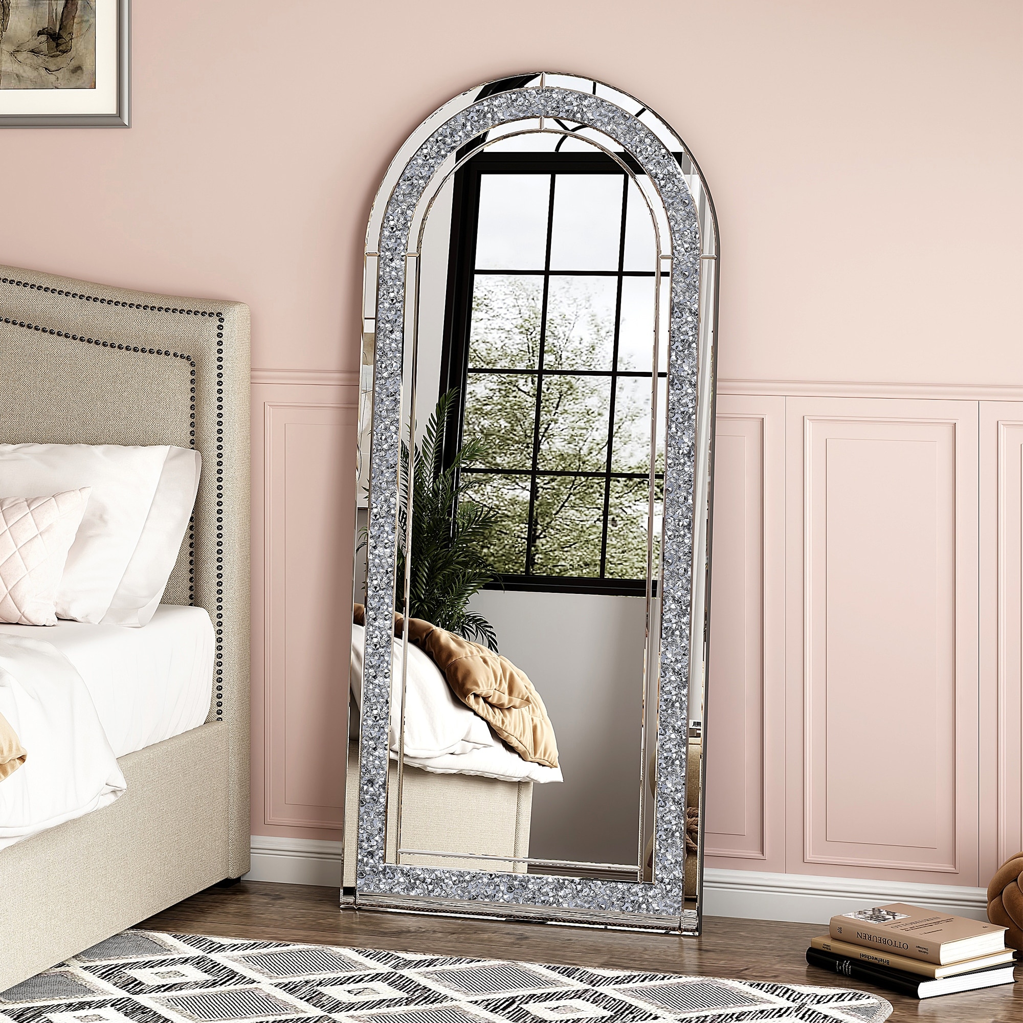Arched Full Length Floor Mirror Diamond Accent Full Body Mirror
