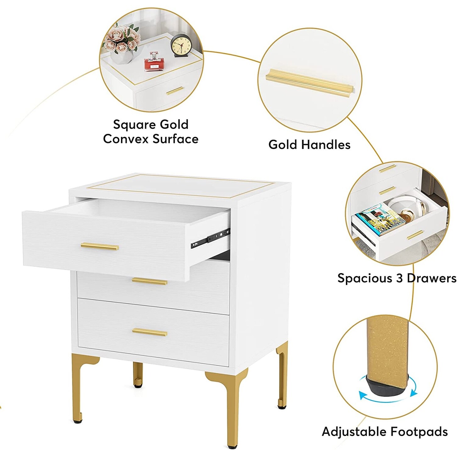 3 Drawers Nightstand for Living Room, White and Gold