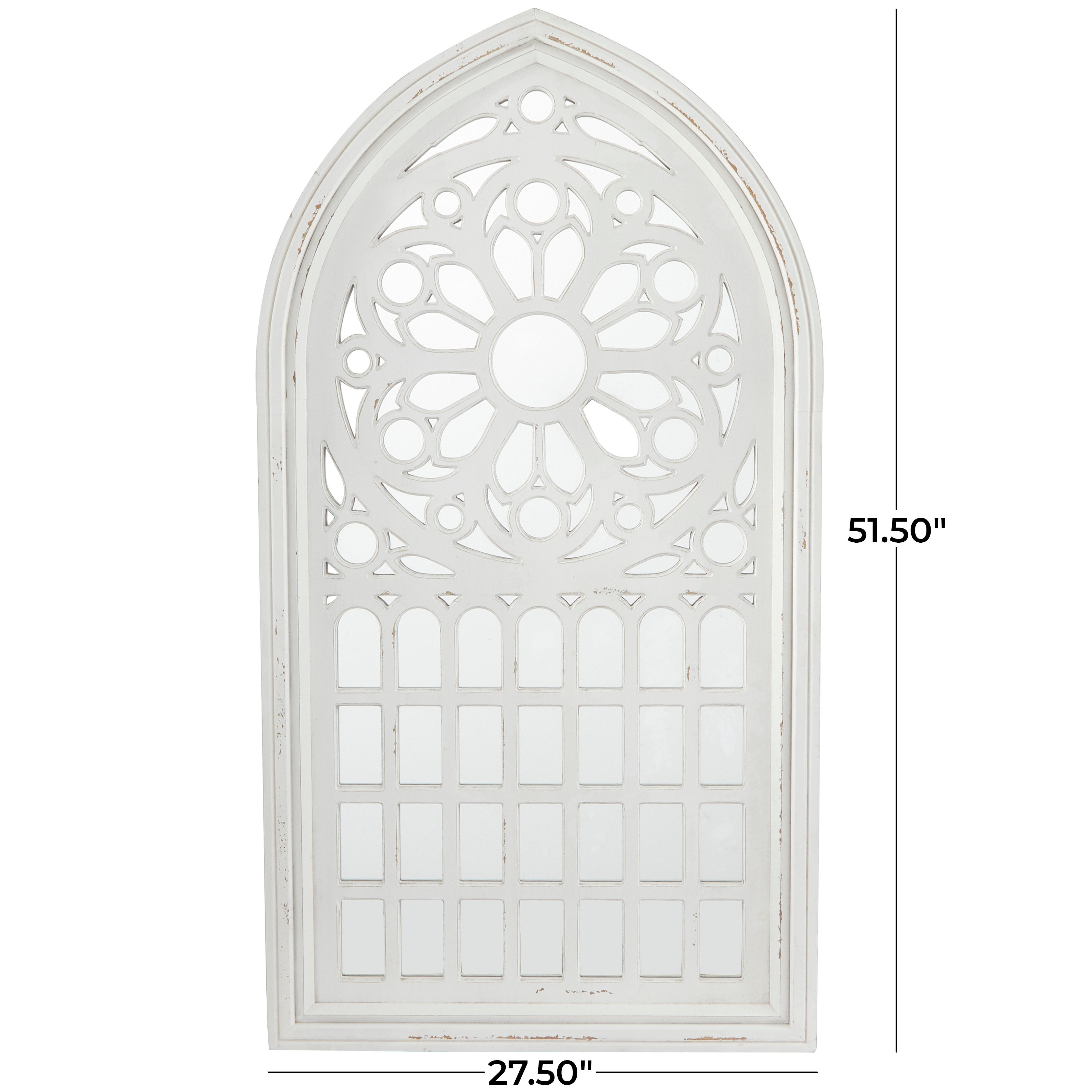 White Wood Carved Wall Mirror with Arched Window Panes - 1.60W x 27.50L x 51.50L