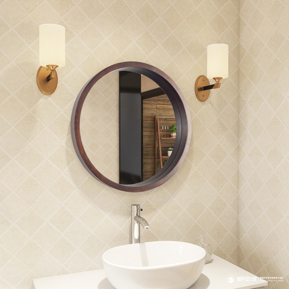 24in Round Modern Mirror with Wood Frame Wall-Mounted Walnut Brown