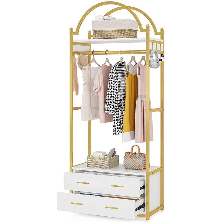 Tall Arced Clothes Rack Shelves with Drawers and Hooks, White Gold