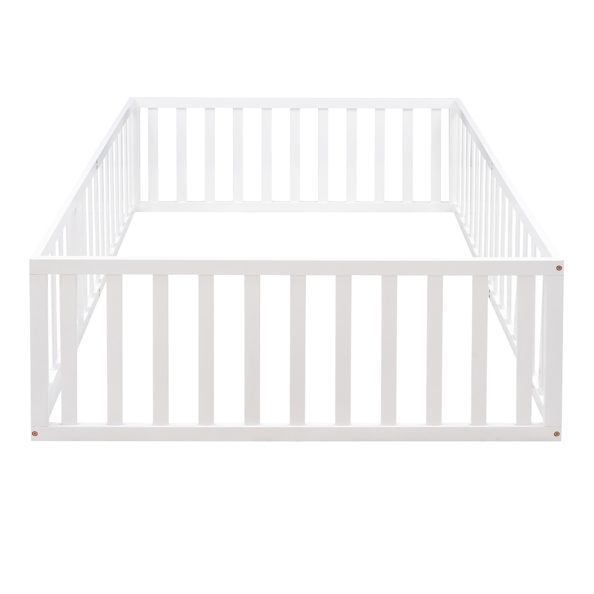 56" x 77" Full Size Solid Wood Floor Bed Frame with Fence and Door, Not Including Slats, for Toddler & Kids & Babys