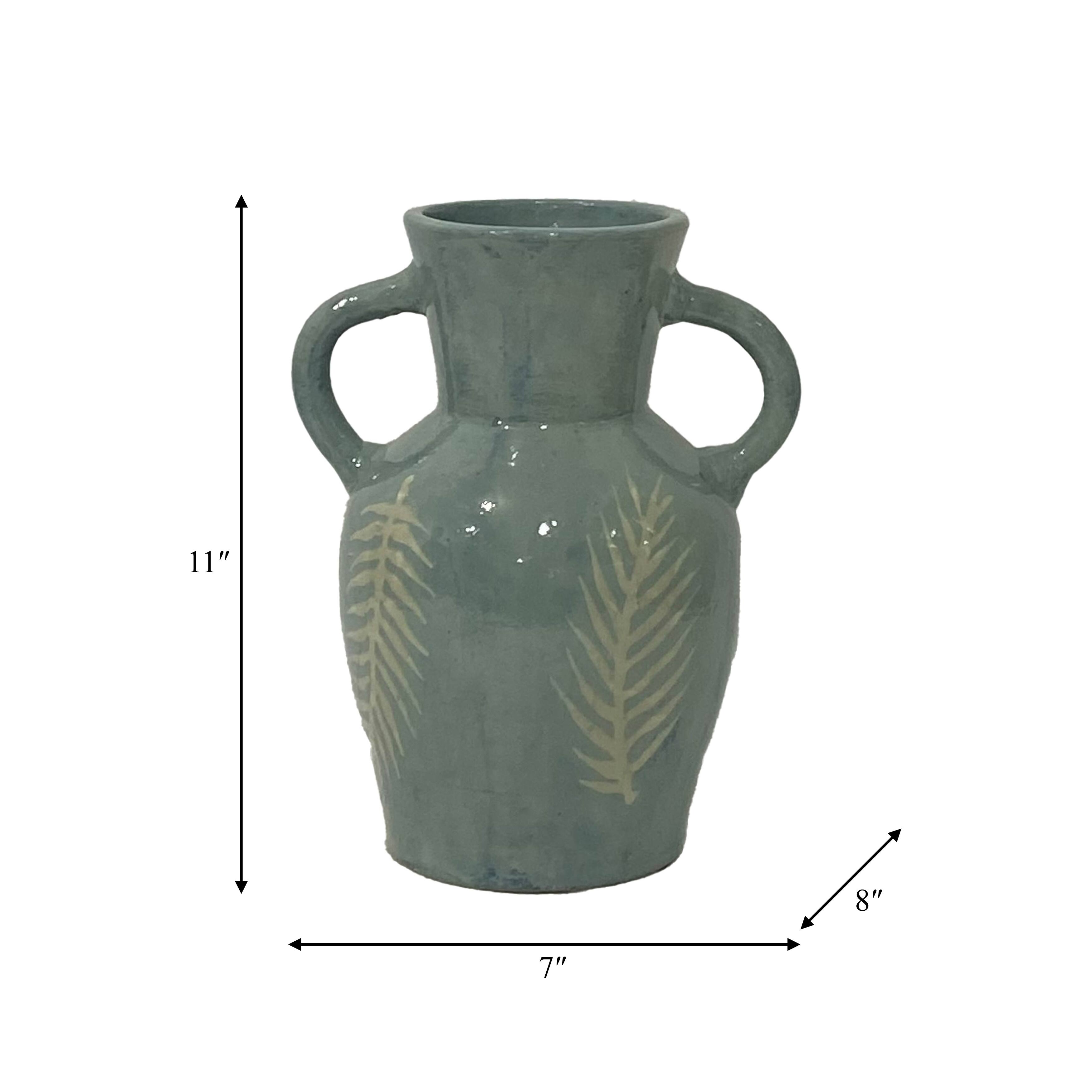 Terracotta, 11"H Leaf Eared Vase, Mint, Amphora, 11"H, Leaf