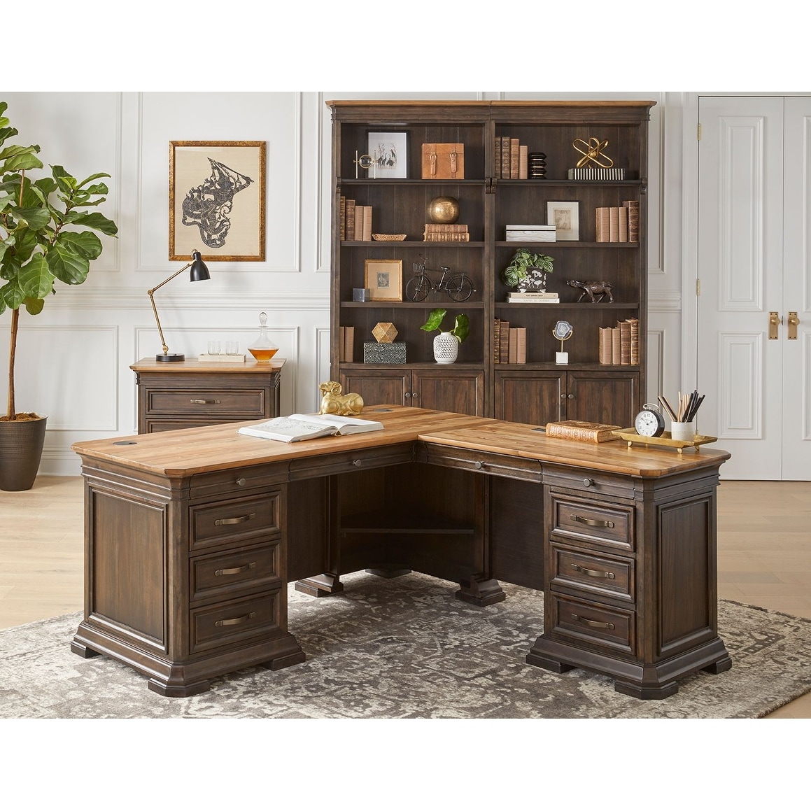 Executve L-Desk & Return With Solid Wood Plank Tops, Brown