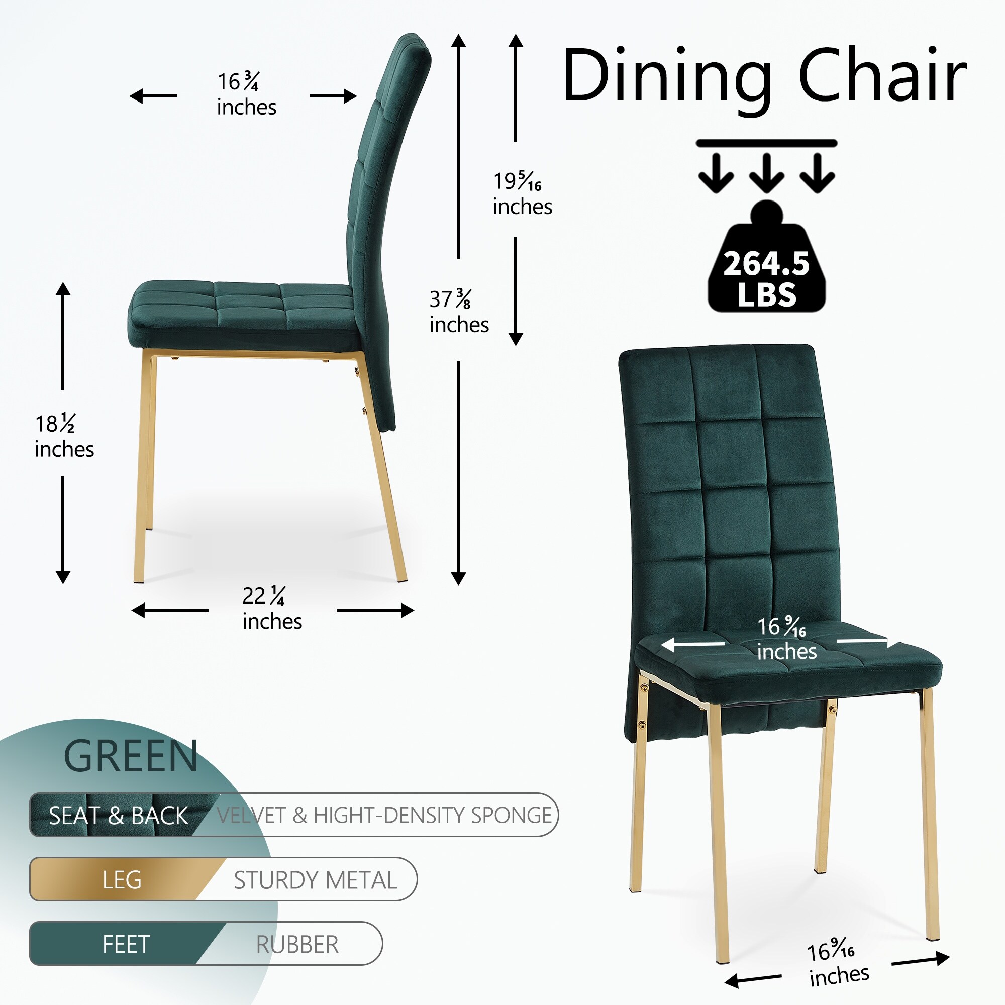 Velvet High Back Dining Chair with Golden Legs, Set Of 2 - Dark Blue