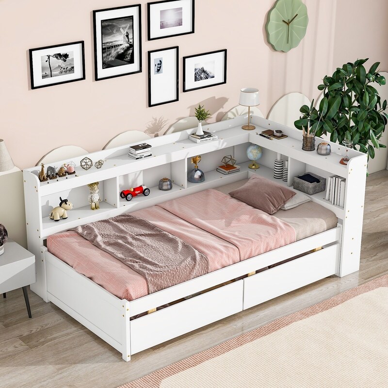 Twin Size Platform Bed with L-shaped Bookcases,Drawers