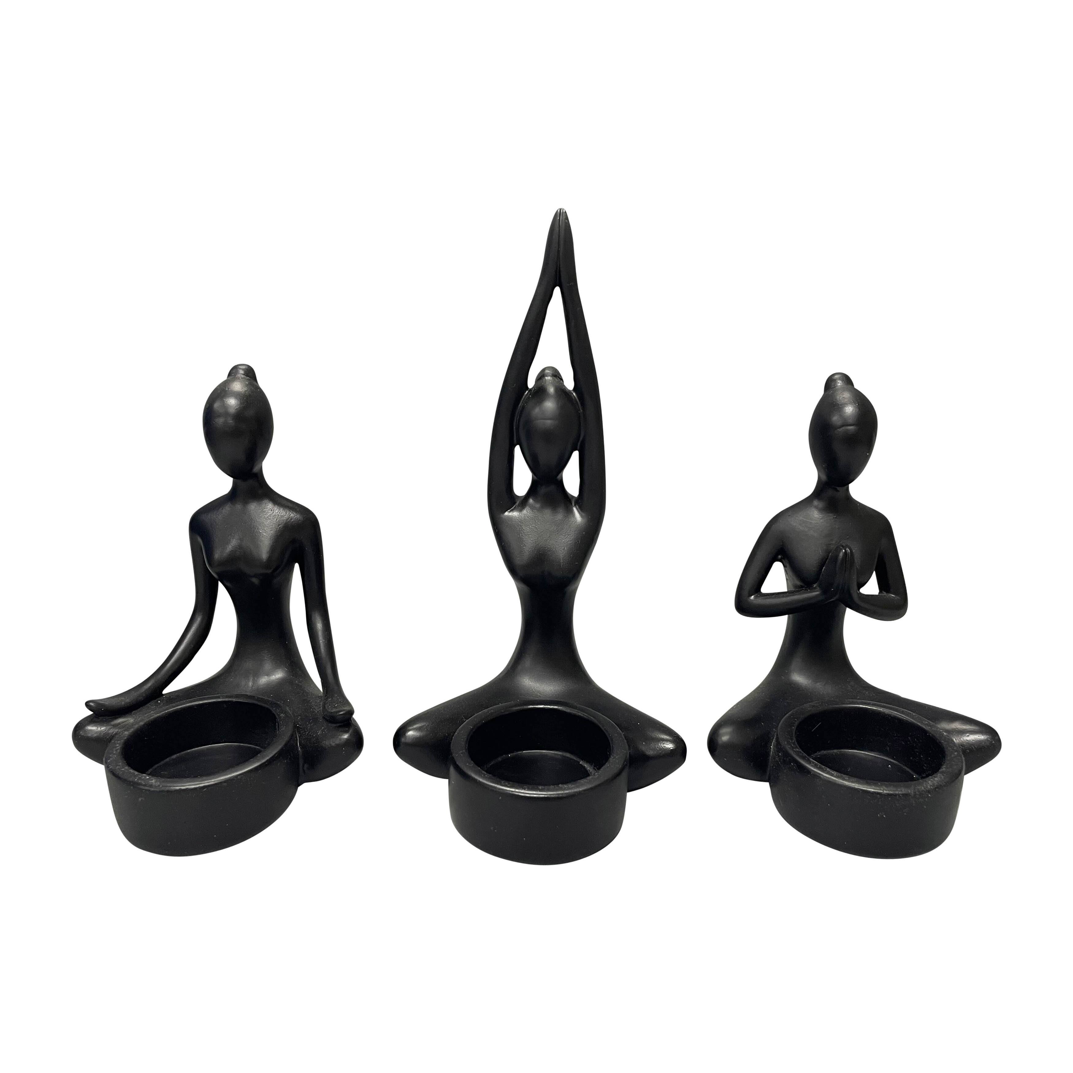 7" Set of 3 Yoga Candle Holder Polyresin Black Seated Women Votive Candle Holder Peaceful Candle Decor for Home, - 3" x 3" x 6"