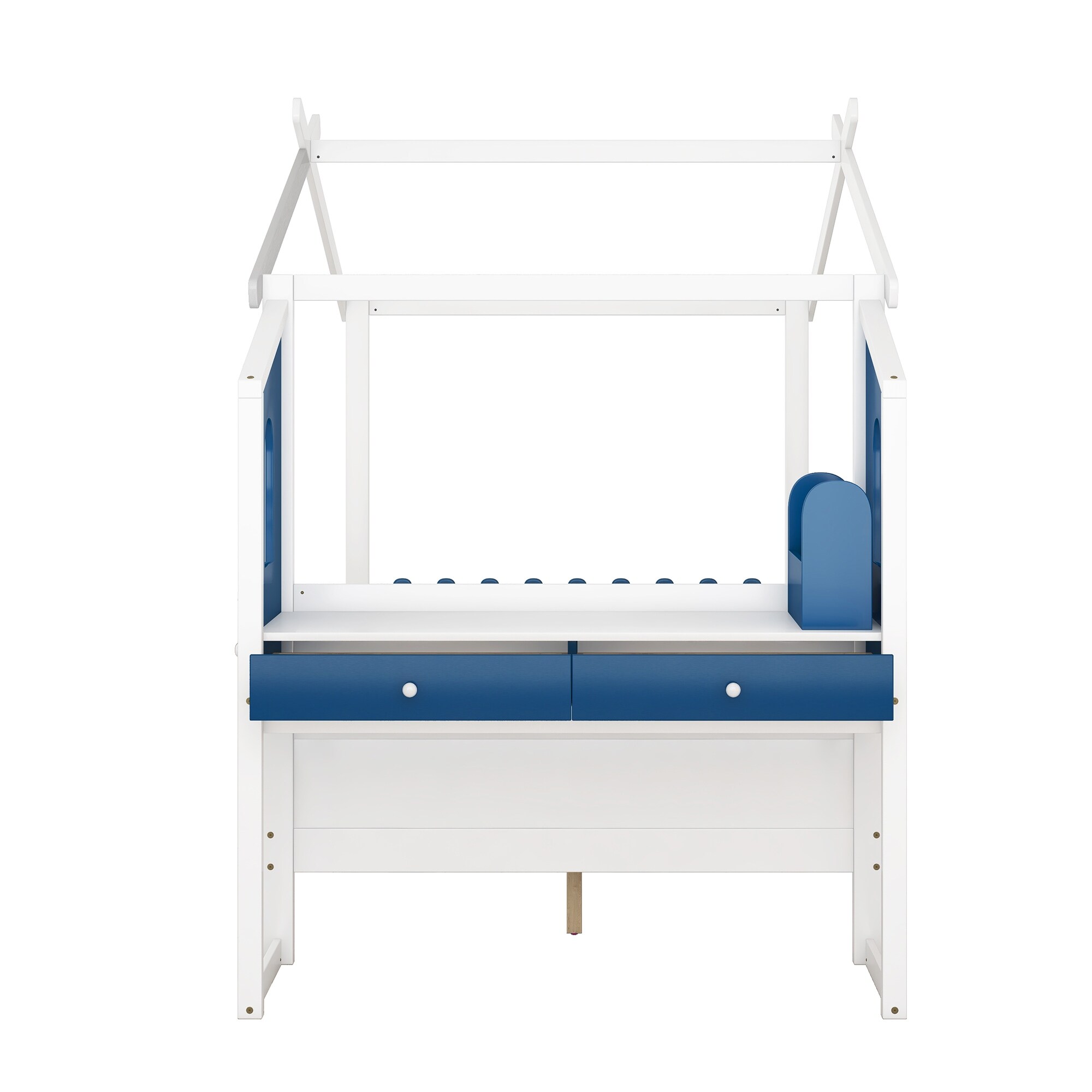 Full Size Platform Bed, Separate Storage Pen Case, Wood Bedframe with Built-in Desk, 2 Drawers, Roof & Windows for Kids Teens
