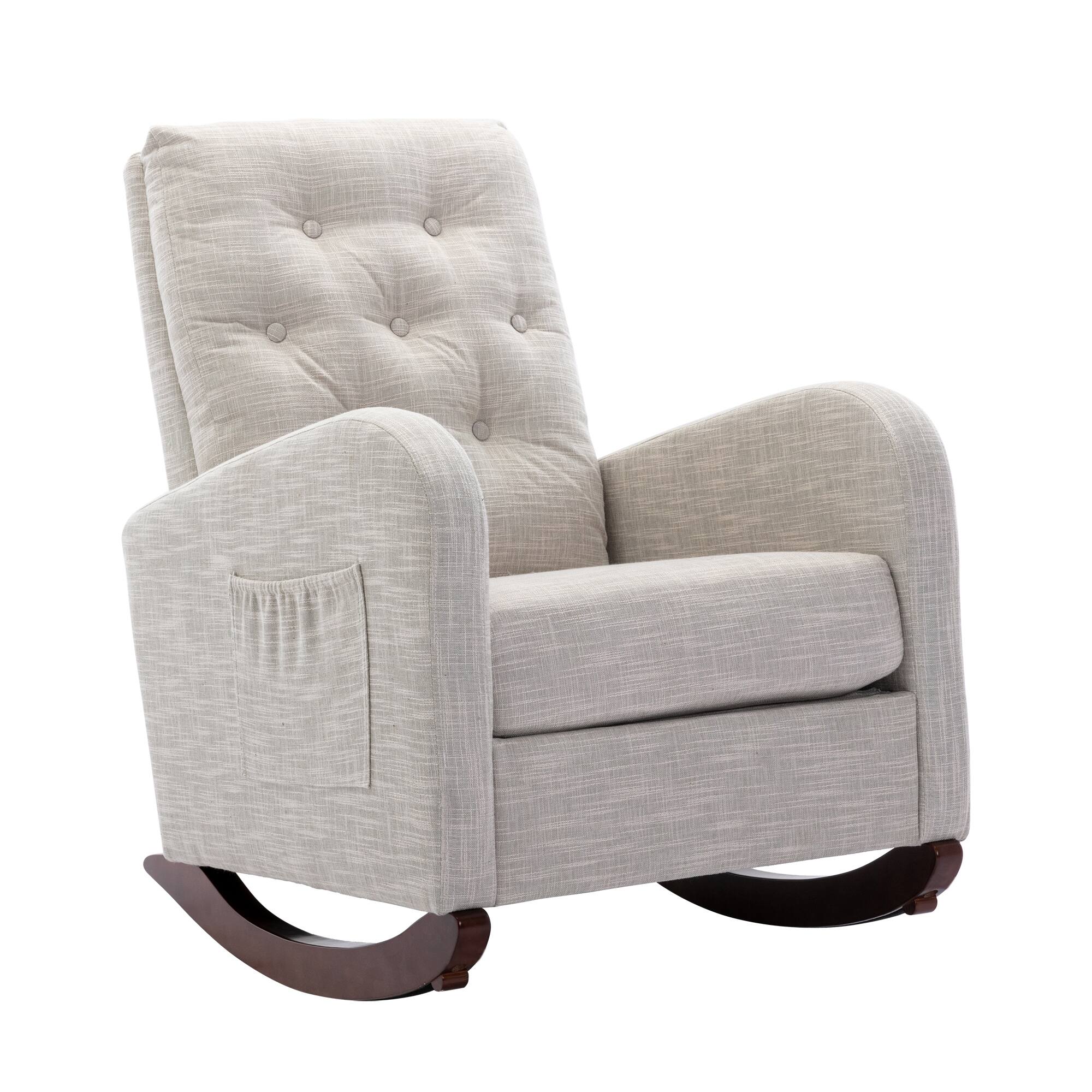 Mid-Century Modern Velvet Upholstered Nursery Rocking Chair with Tall Back and Armrests for Living Room, Light Grey