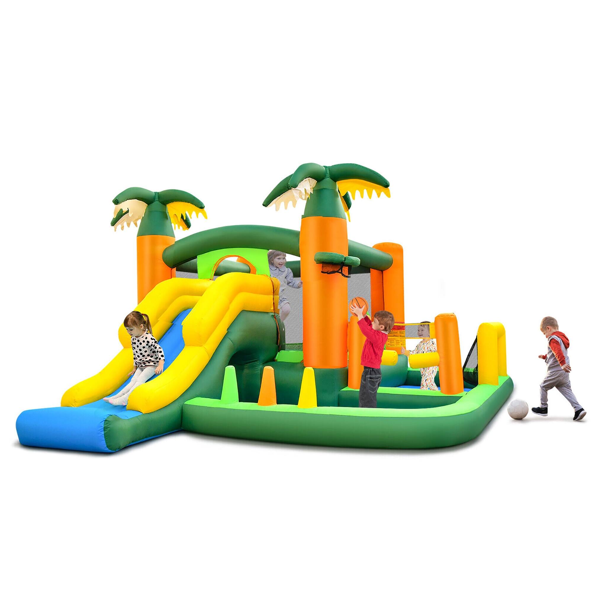 Gymax Tropical Inflatable Bounce Castle, 8-in-1 Giant Jumping House w/