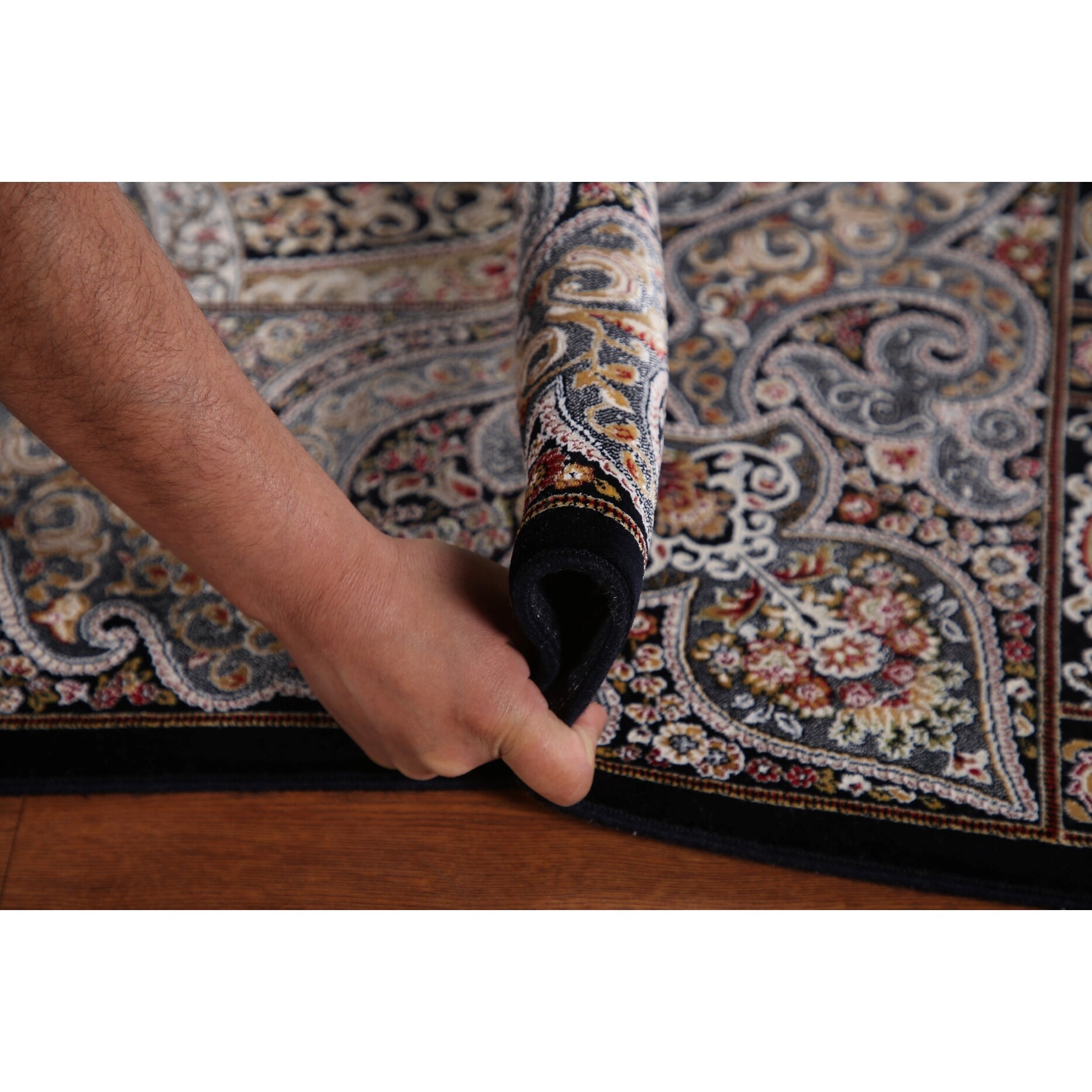 Floral Black Qum Traditional Area Rug Machine Made Carpet - 6'6"x 9'11"