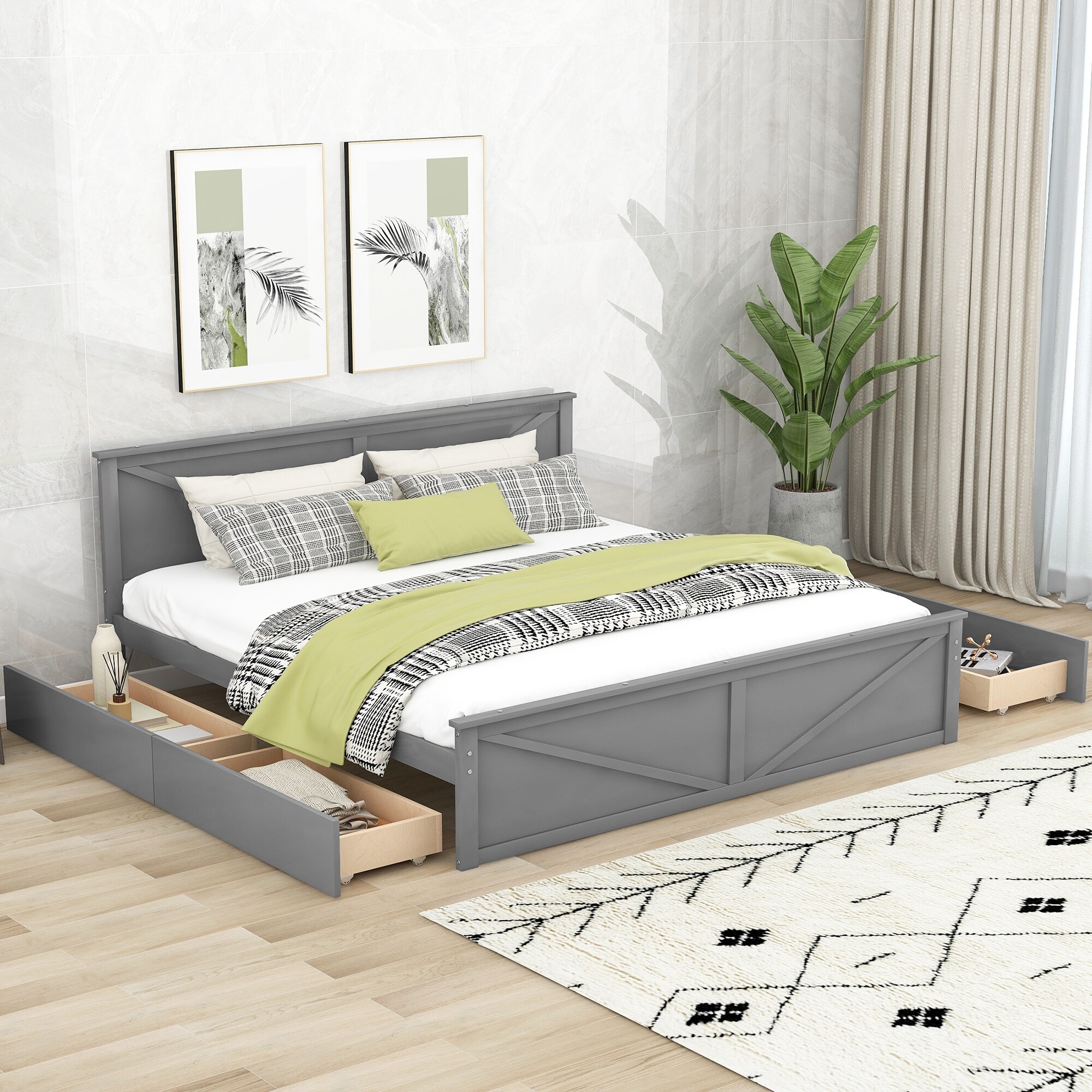 King Size Wooden Platform Bed Modern Sturdy Wooden Headboard with Four Removable Storage Drawers and Slatted Frame Support