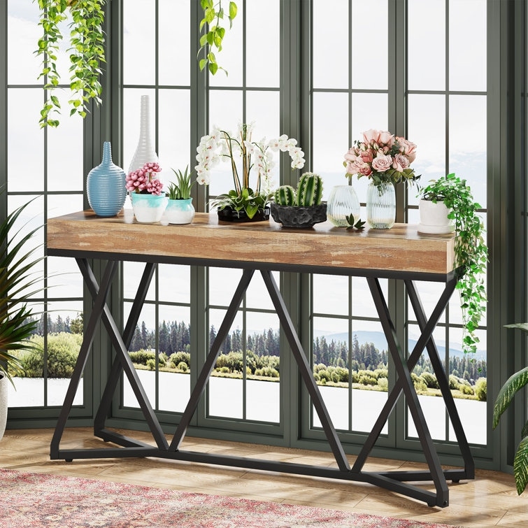 55 Inch Wood Console Table, Sofa Table Entryway Table with Unique Metal Legs