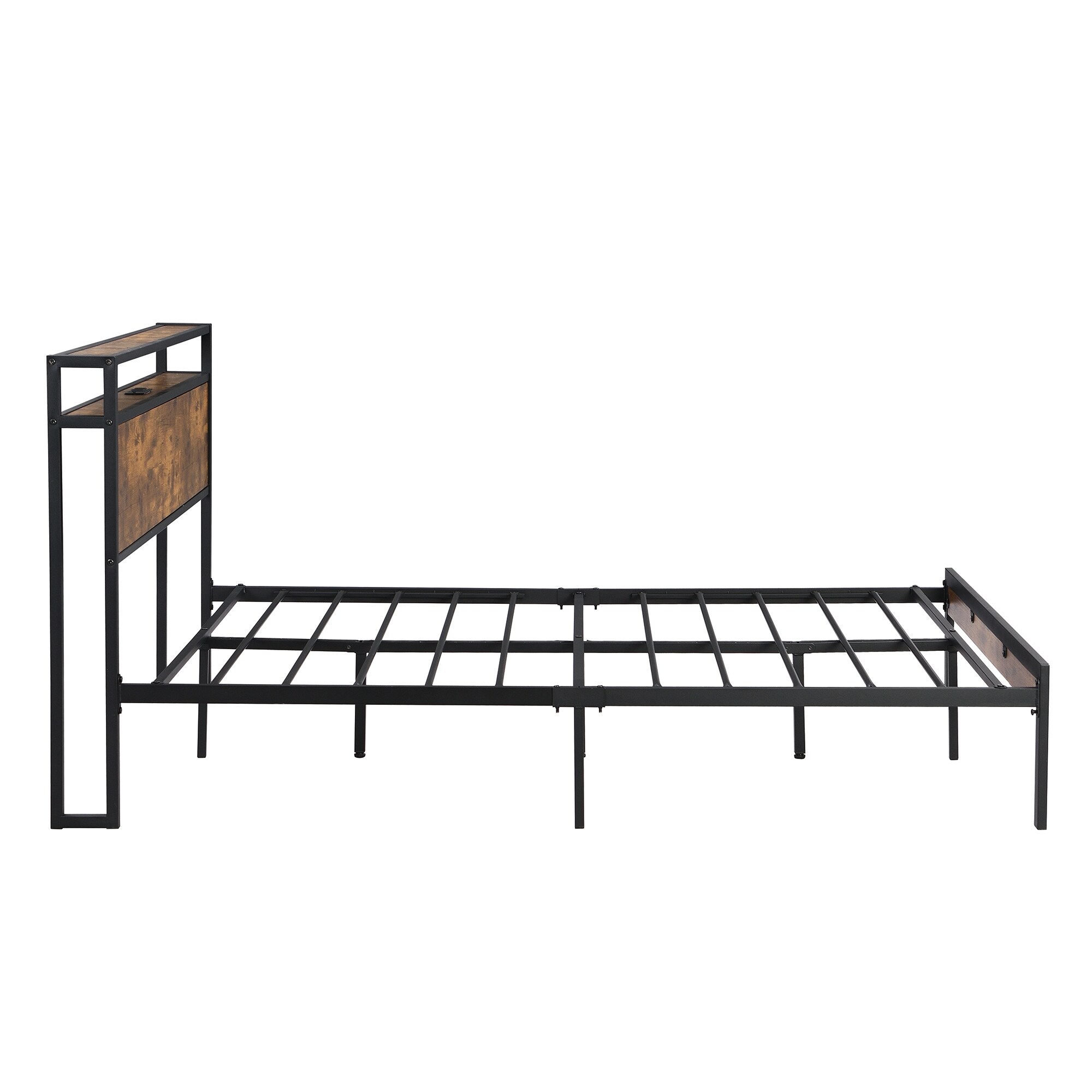 Queen Size Metal Platform Bed Frame with Wooden Headboard and Footboard with USB LINER