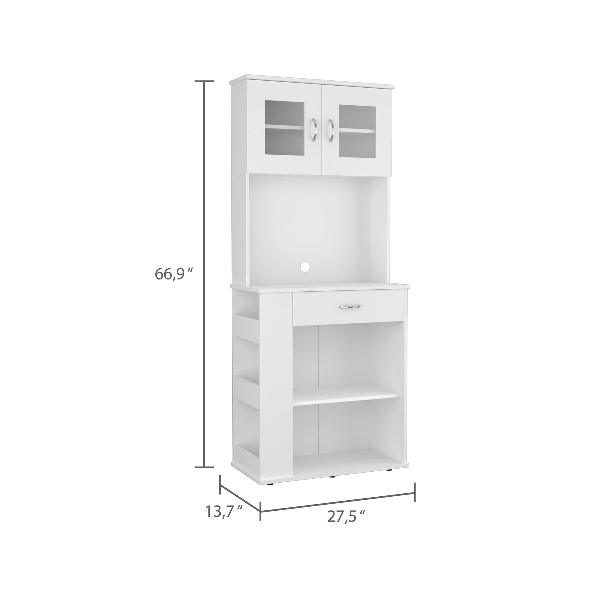 Kitchen Pantry Cabinet, Two Shelves, Double Door, One Drawer, Three Side Shelves -White