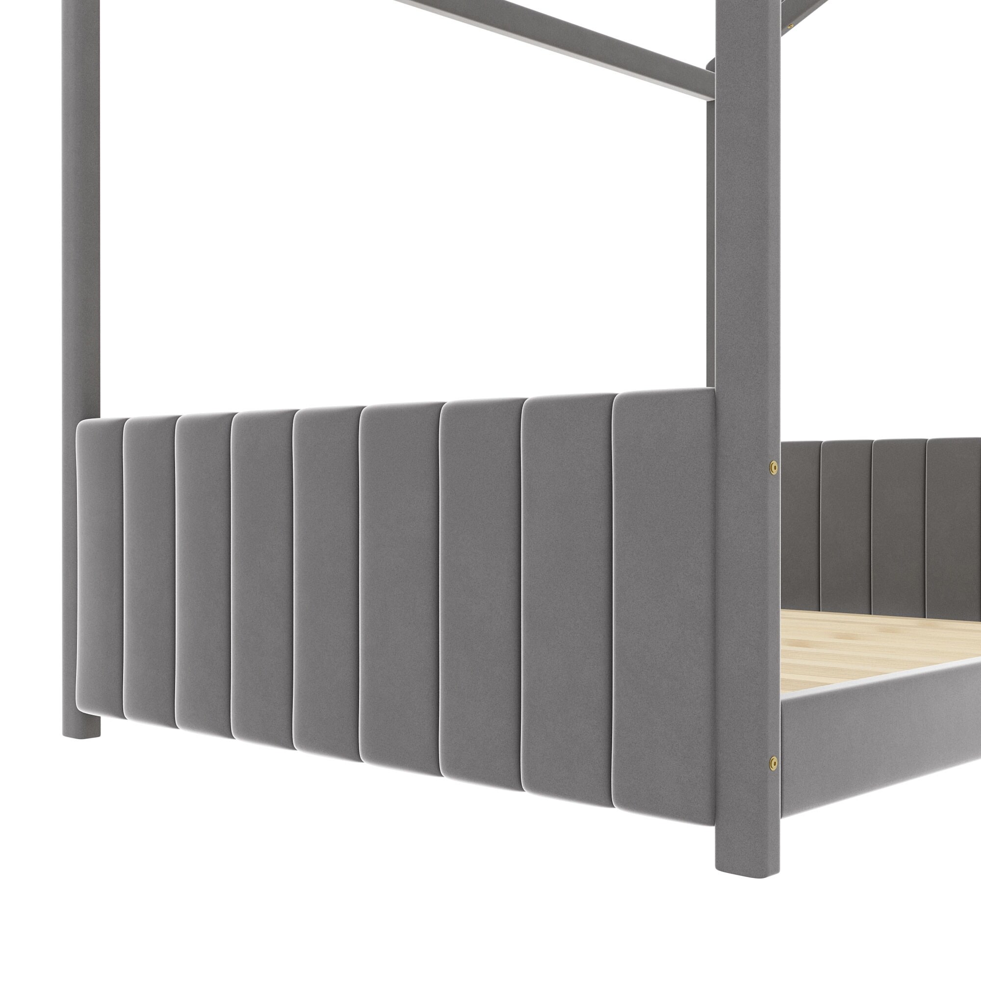 Full Size Velvet Kid's Platform Bed with Wood Frame, Headboard and Footboard, House-Shaped Bed with Wood Slats - Gray