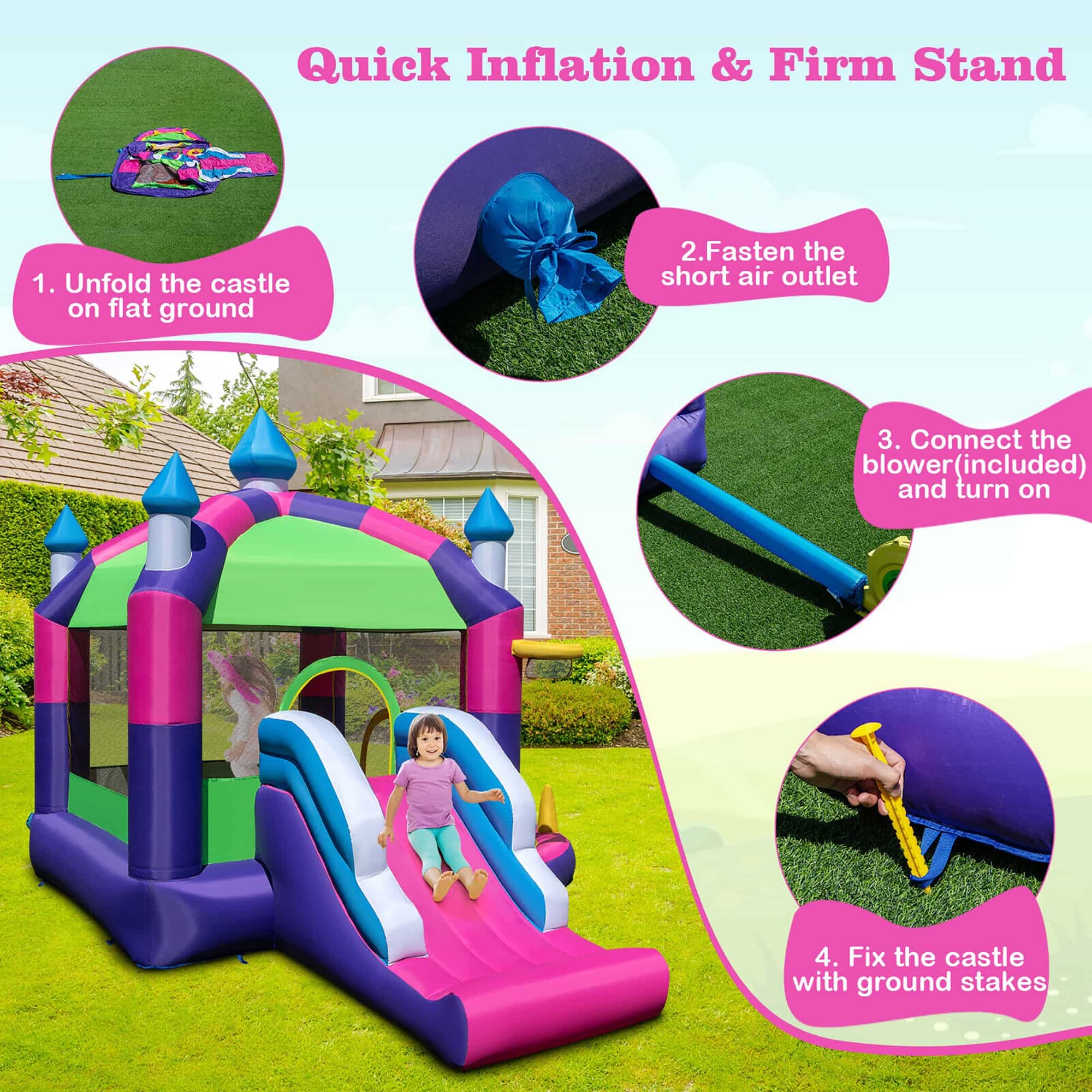 Gymax Inflatable Bounce Castle w/ Sun Roof 5-in-1 Jumping Bounce