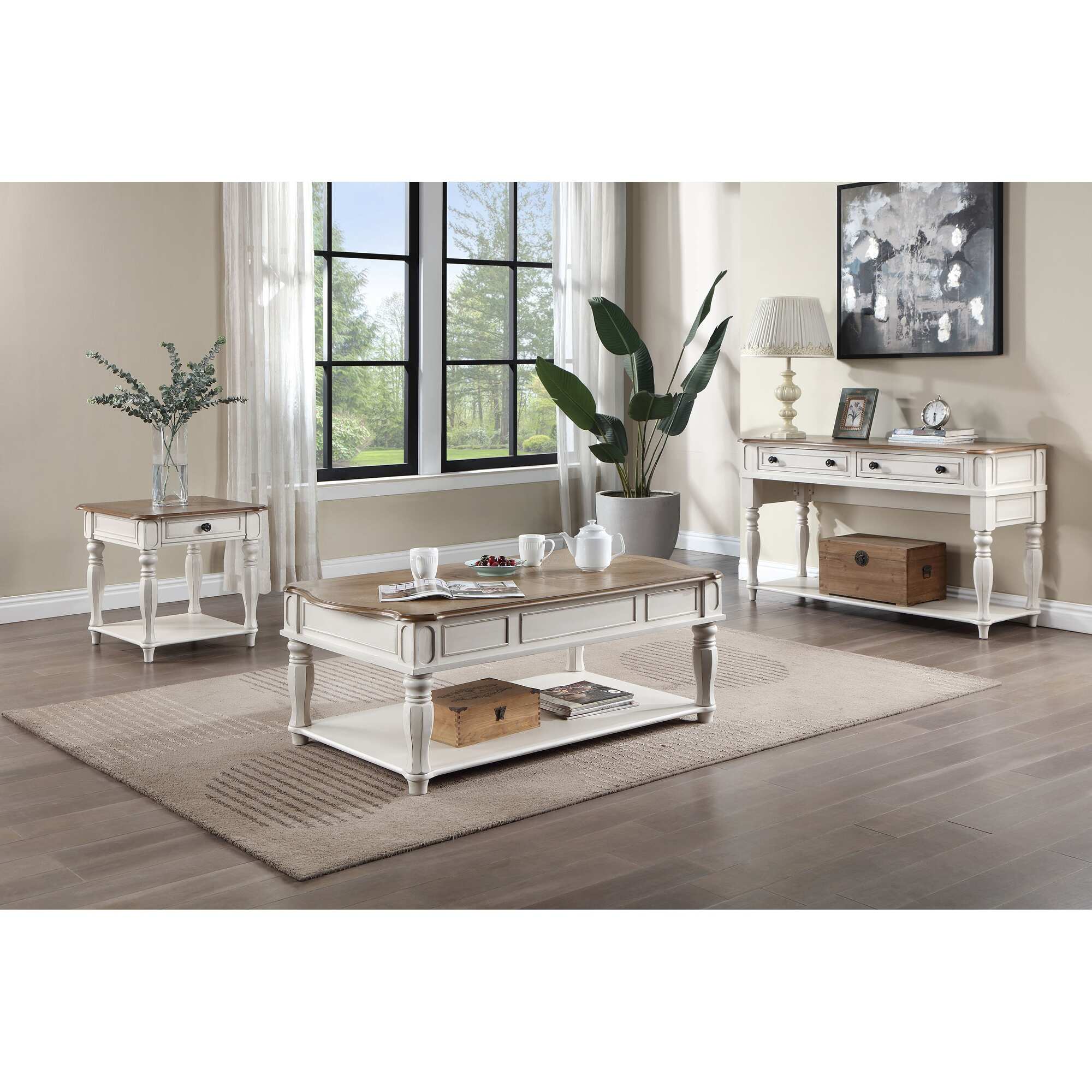 ACME Florian 2-drawer Sofa Table in Oak and Antique White