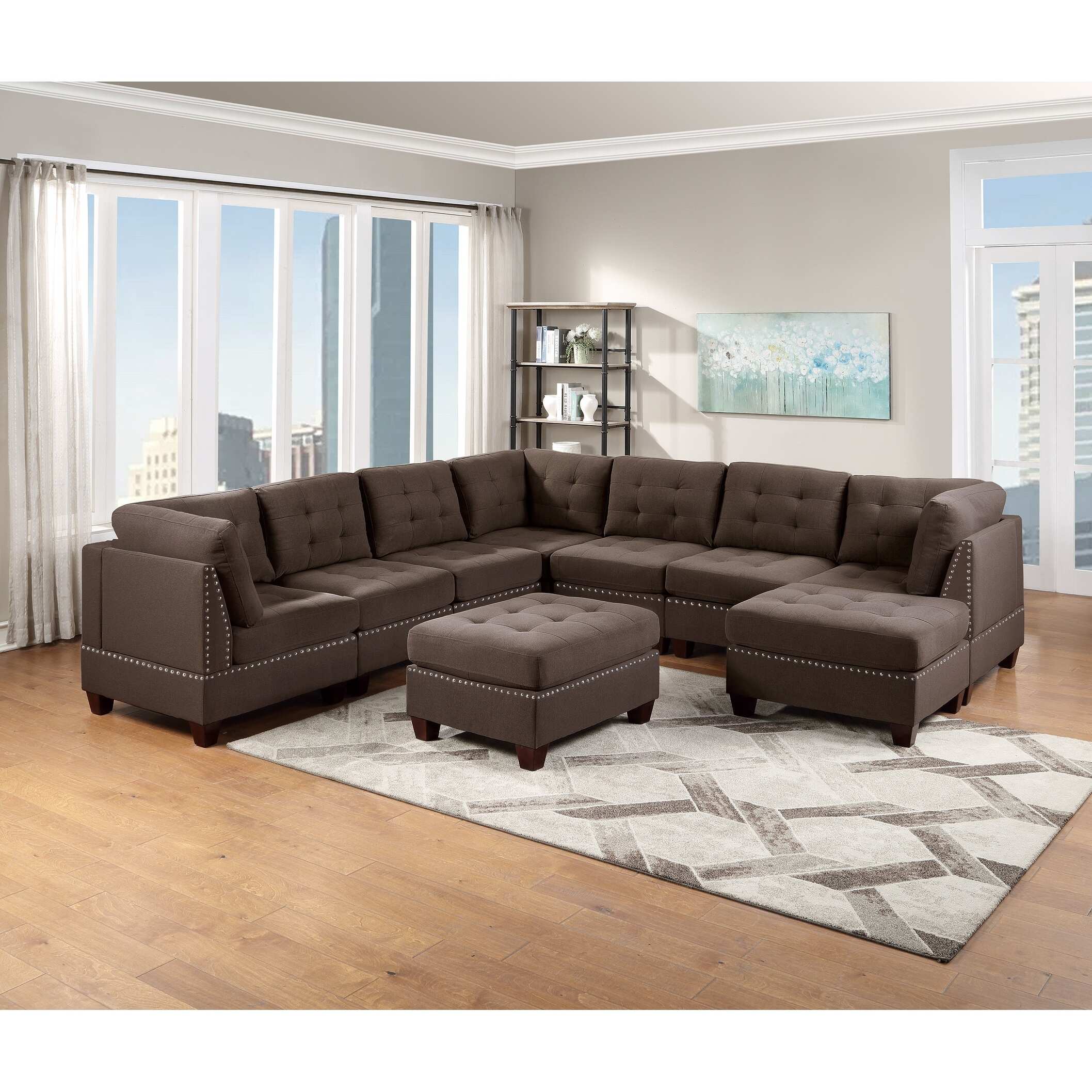 Living Room Furniture Tufted Ottoman Black Coffee Linen Like Fabric 1Pc Ottoman Cushion Nail Heads Wooden Legs