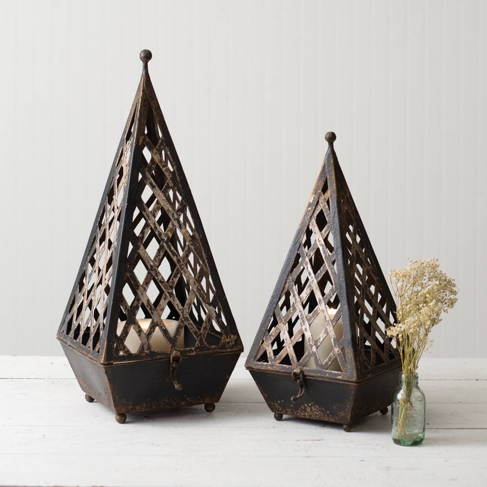 Curata Set of 2 Uneven Lattice Pyramid Metal Lanterns - Rustic Modern Decor