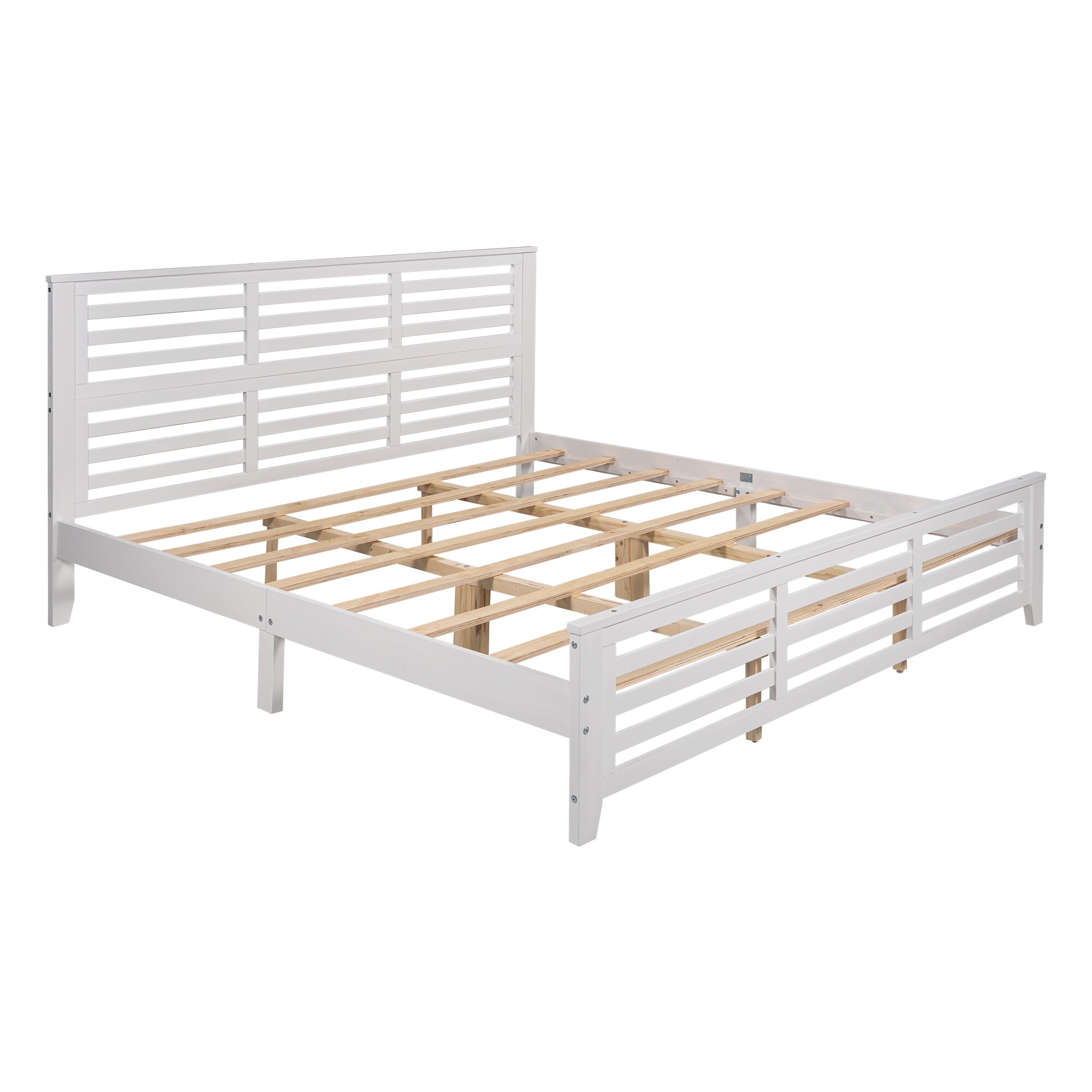 Wooden King Size Platform Bed with Horizontal Strip Hollow Shape,White