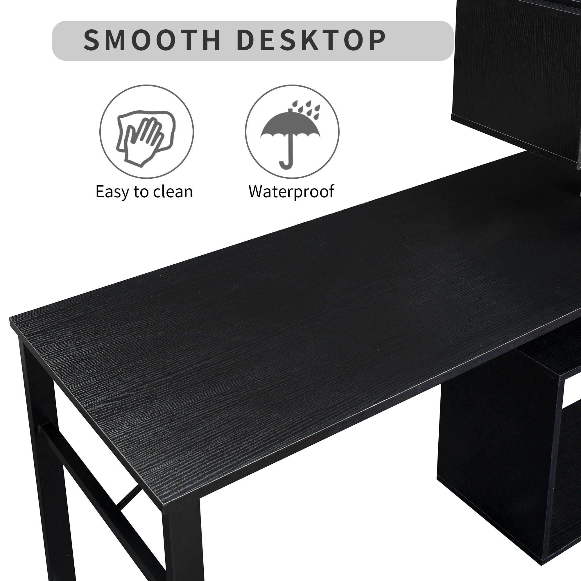 L-Shaped Corner Computer Desk with 5-Tier Bookshelf,Lockable Casters