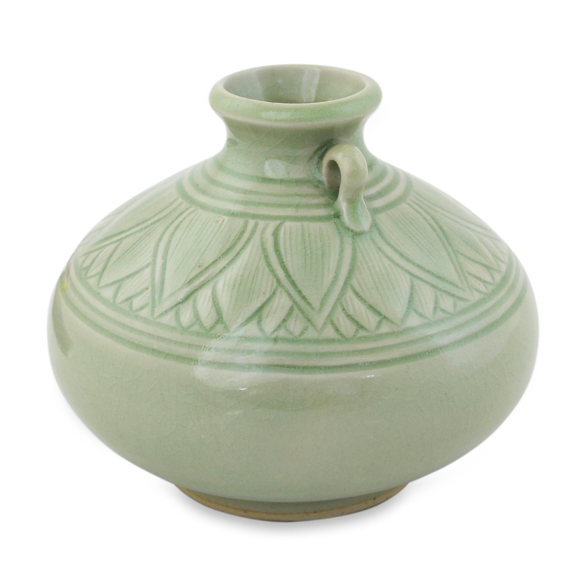 Novica Handmade Sawankhalok Jade Lotus Celadon Ceramic Vase