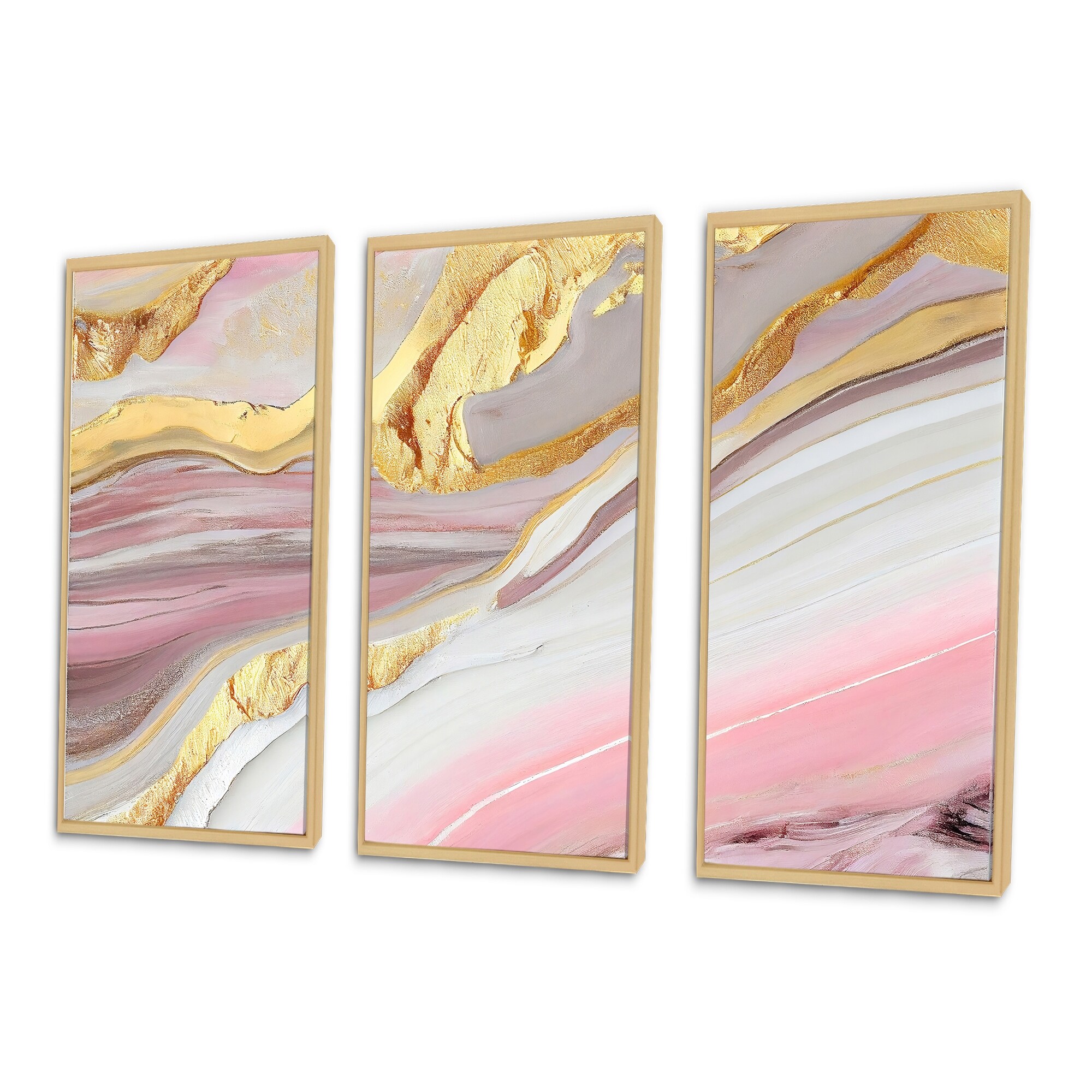 Designart "Pink And Gold Marble Abstract III" Abstract Marble Framed Canvas Art Print - 3 Panels
