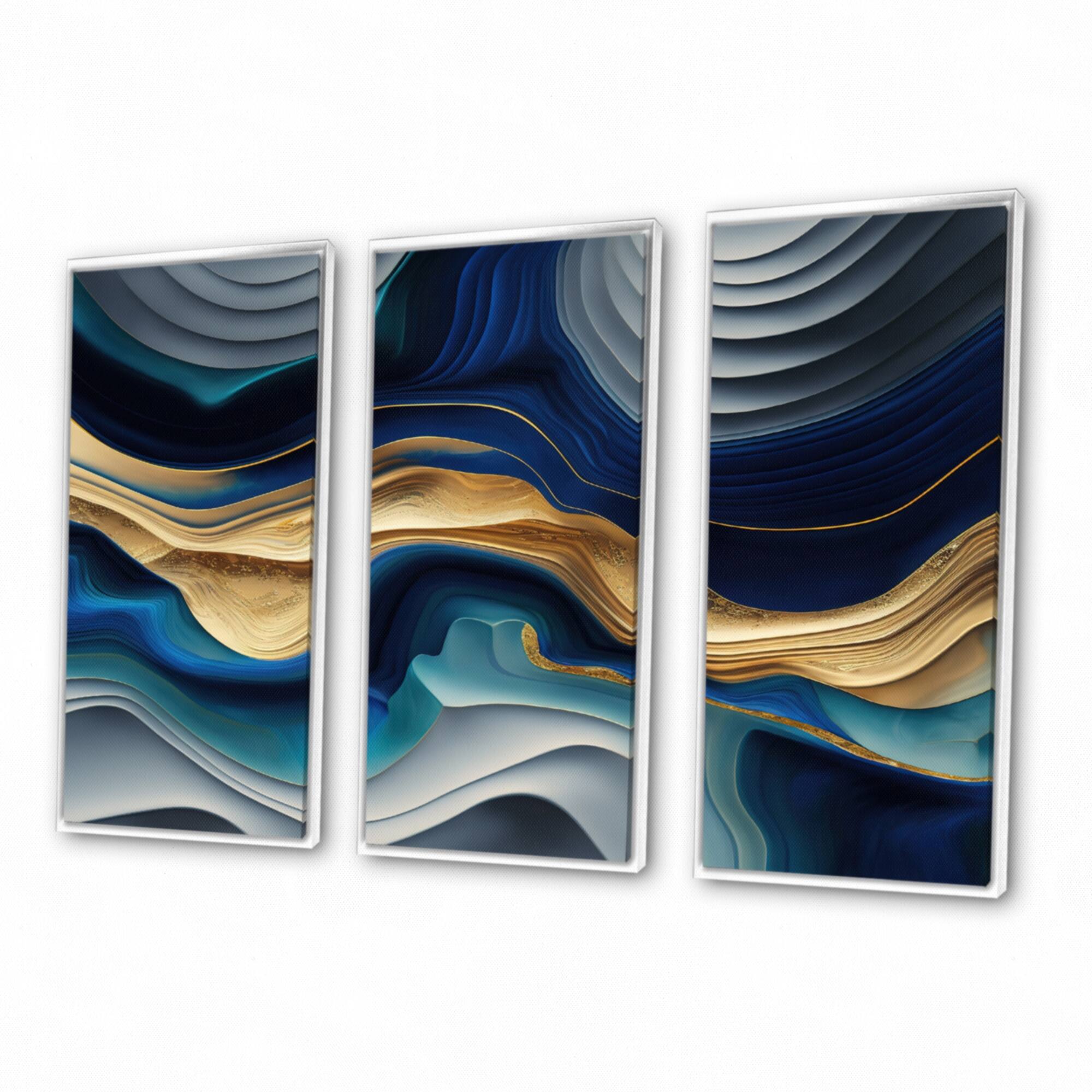 Designart "Vibrant Blue And Gold Agate I" Transitional Framed Canvas Art Print - 3 Panels