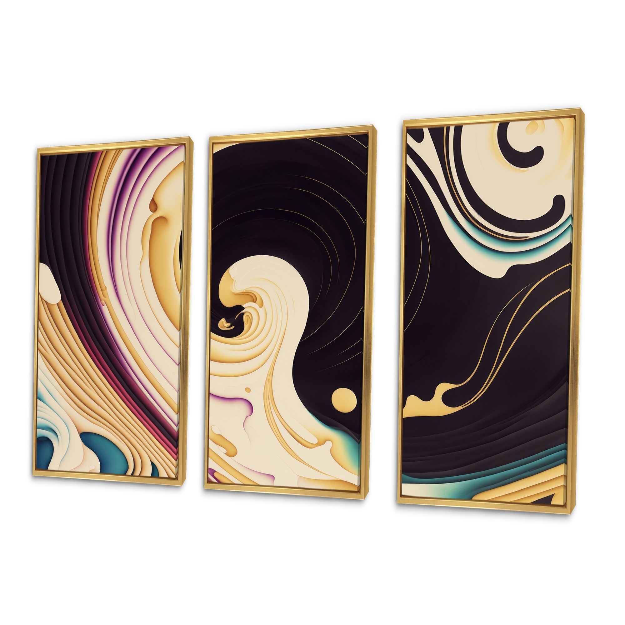 Designart "Purple, Gold And Blue Swirl II" Modern Spiral Framed Canvas Art Print - 3 Panels