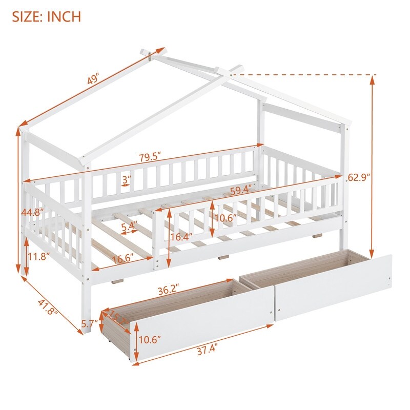 79.5''L Wood Low House Bed with Two Drawers, Twin Size