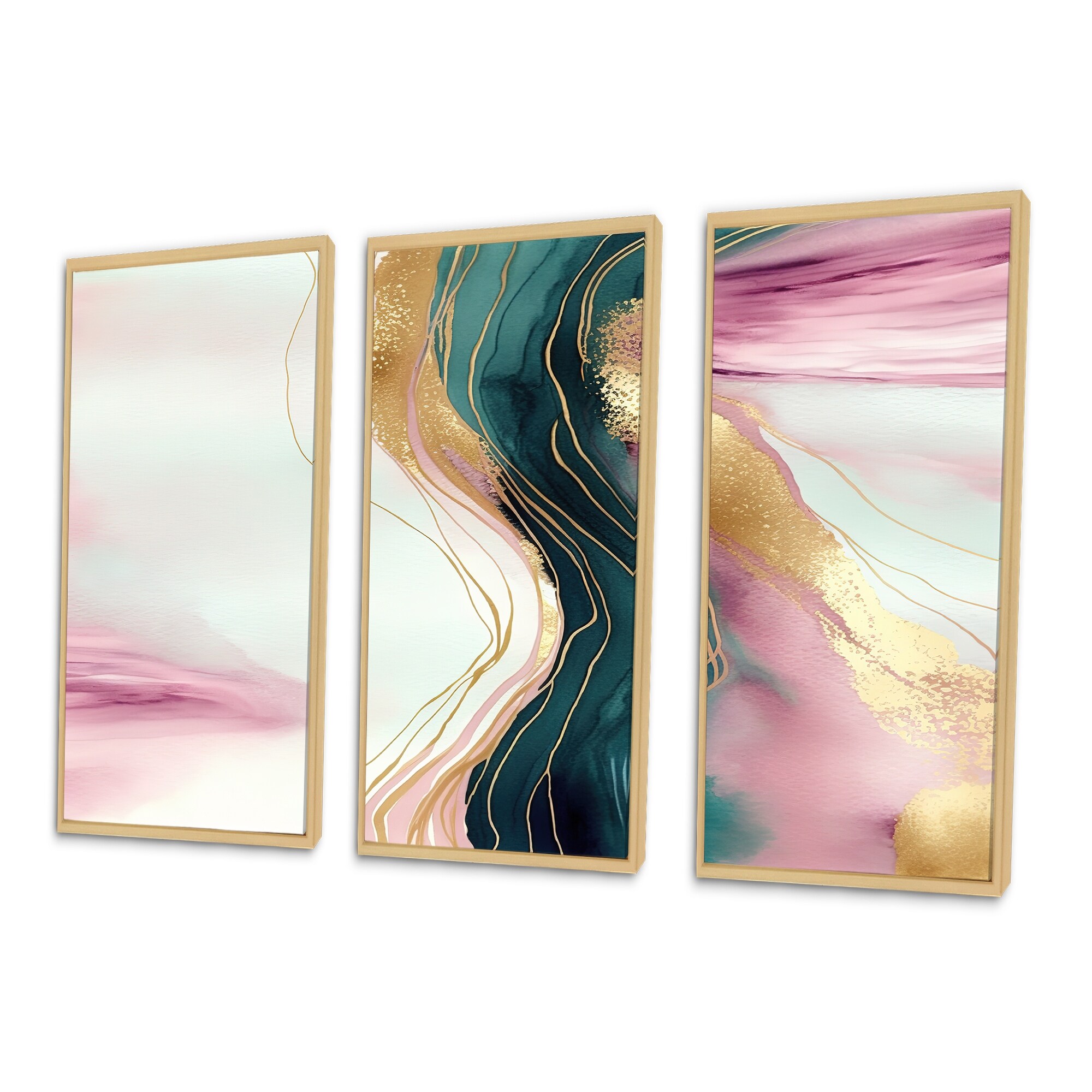 Designart "Abstract Geode Pink And Green Marble III" Abstract Marble Framed Canvas Art Print - 3 Panels