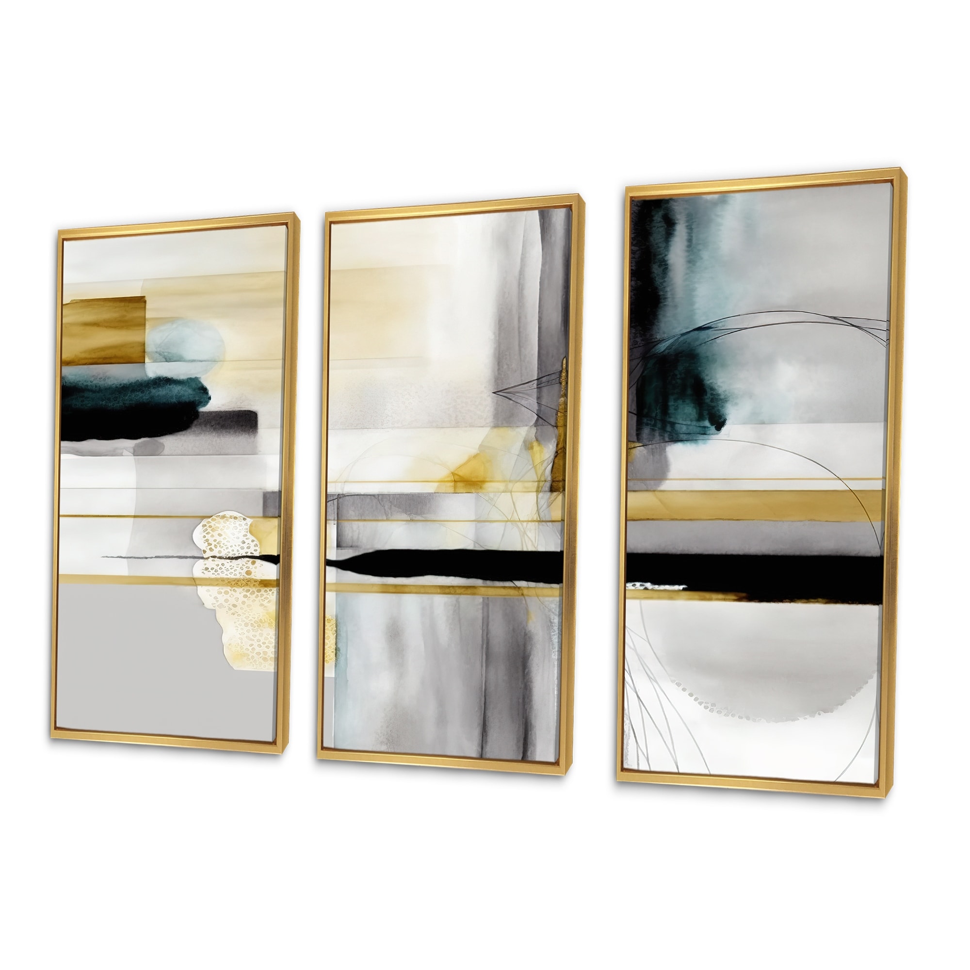 Designart "Abstract Transitional Shapes Black IV" Modern Shapes Transitional Framed Canvas Art Print - 3 Panels