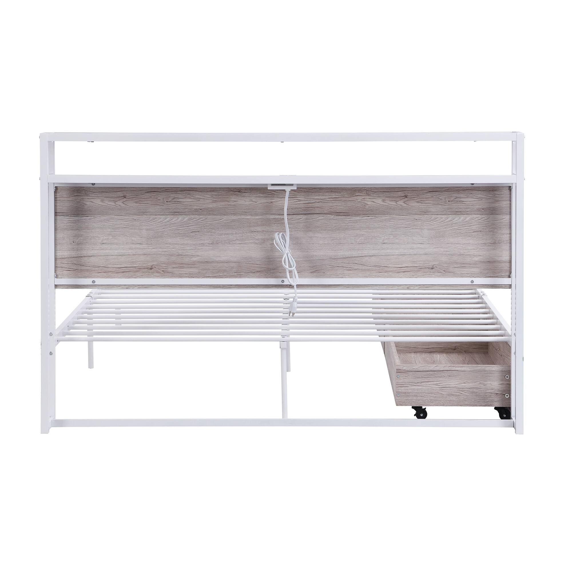 Queen Modern Rustic Metal Platform Bed with 2 Drawers,Sockets,USB Ports & Slat Support, Noise-Free, No Box Spring Needed, White
