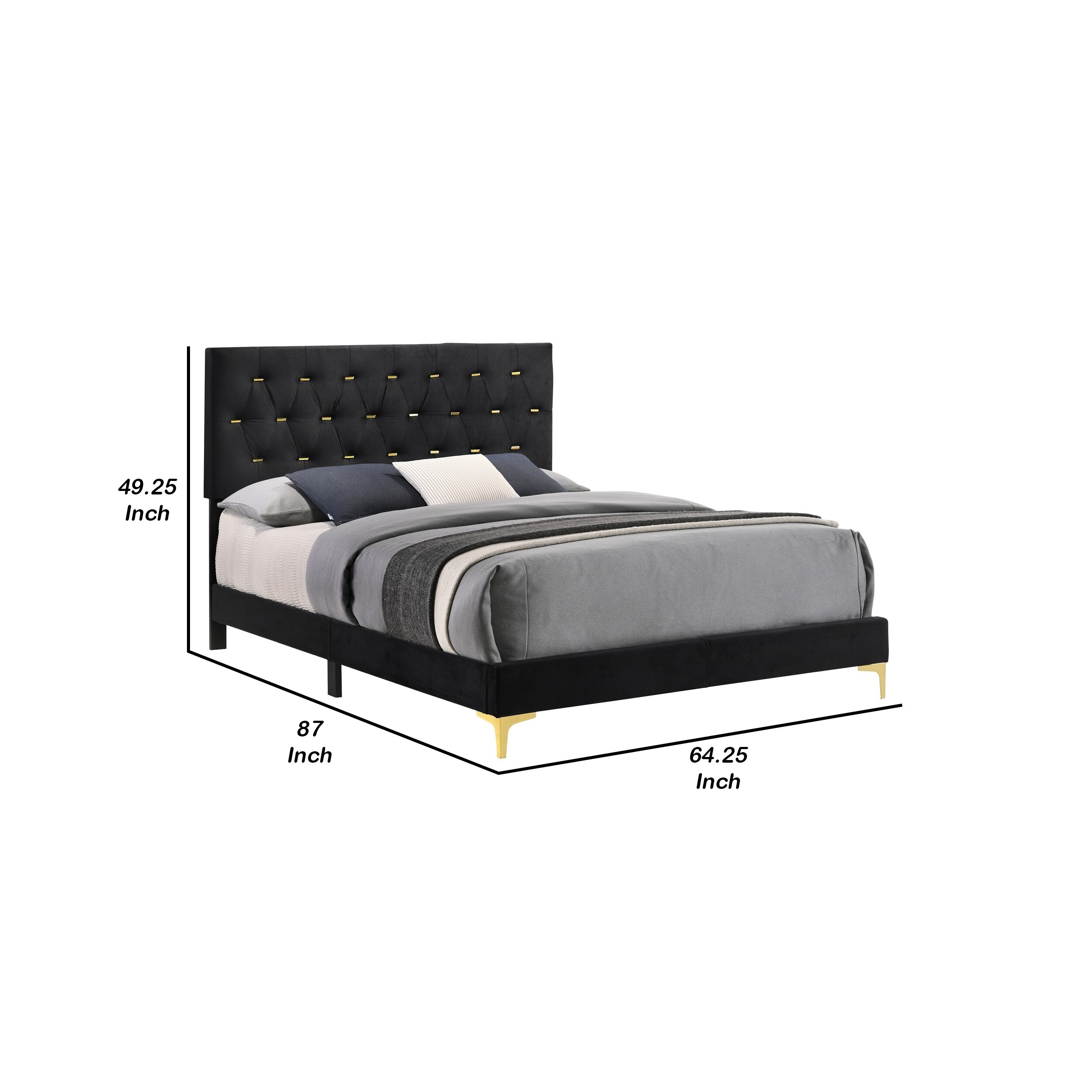 Lif Platform Queen Size Bed, Panel Tufted Headboard, Gold, Black Velvet
