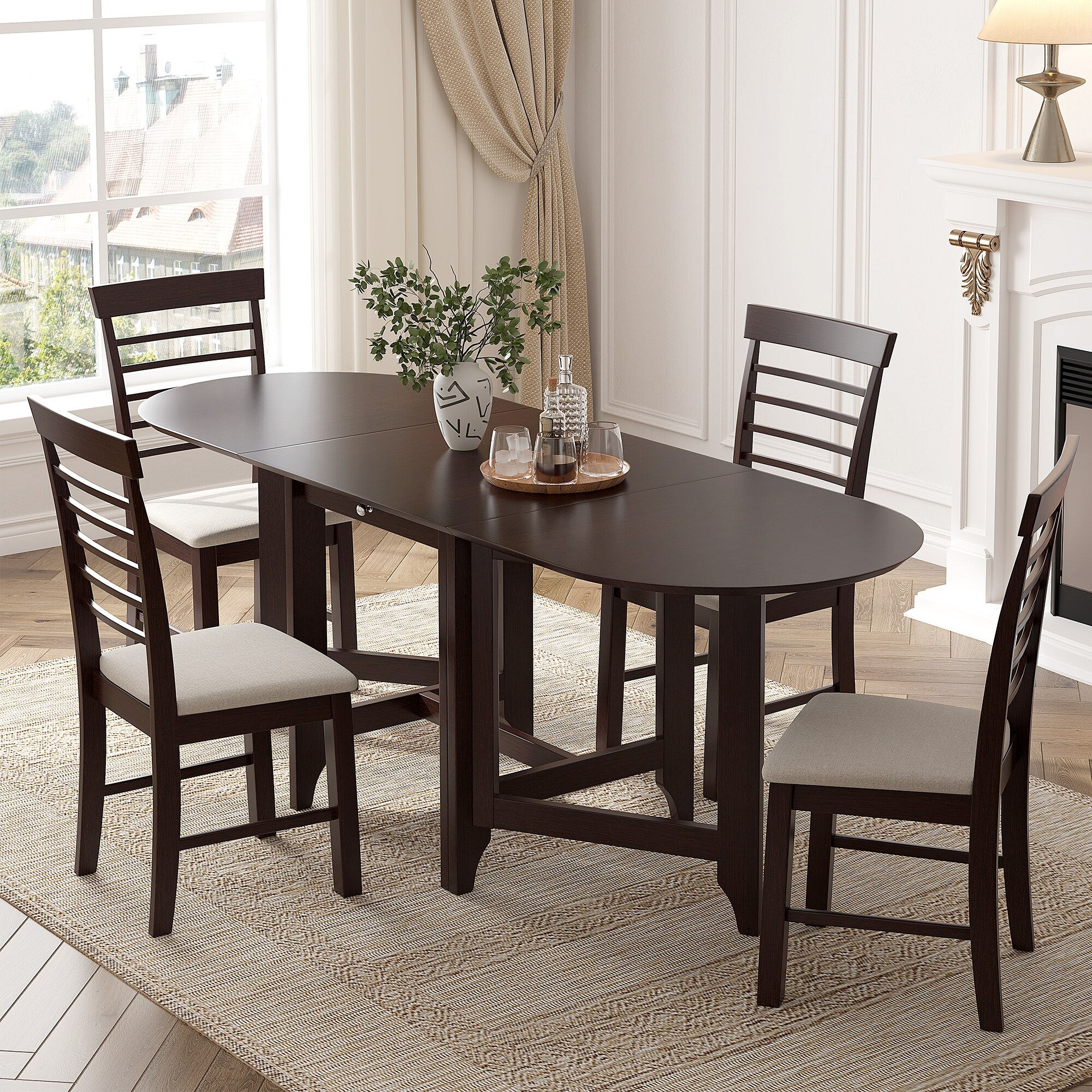 5-Piece Retro Drop-Leaf Table with Spacious Tabletop and Drawer, Rubberwood 4 PCS Upholstered Dining Chair with Backrest