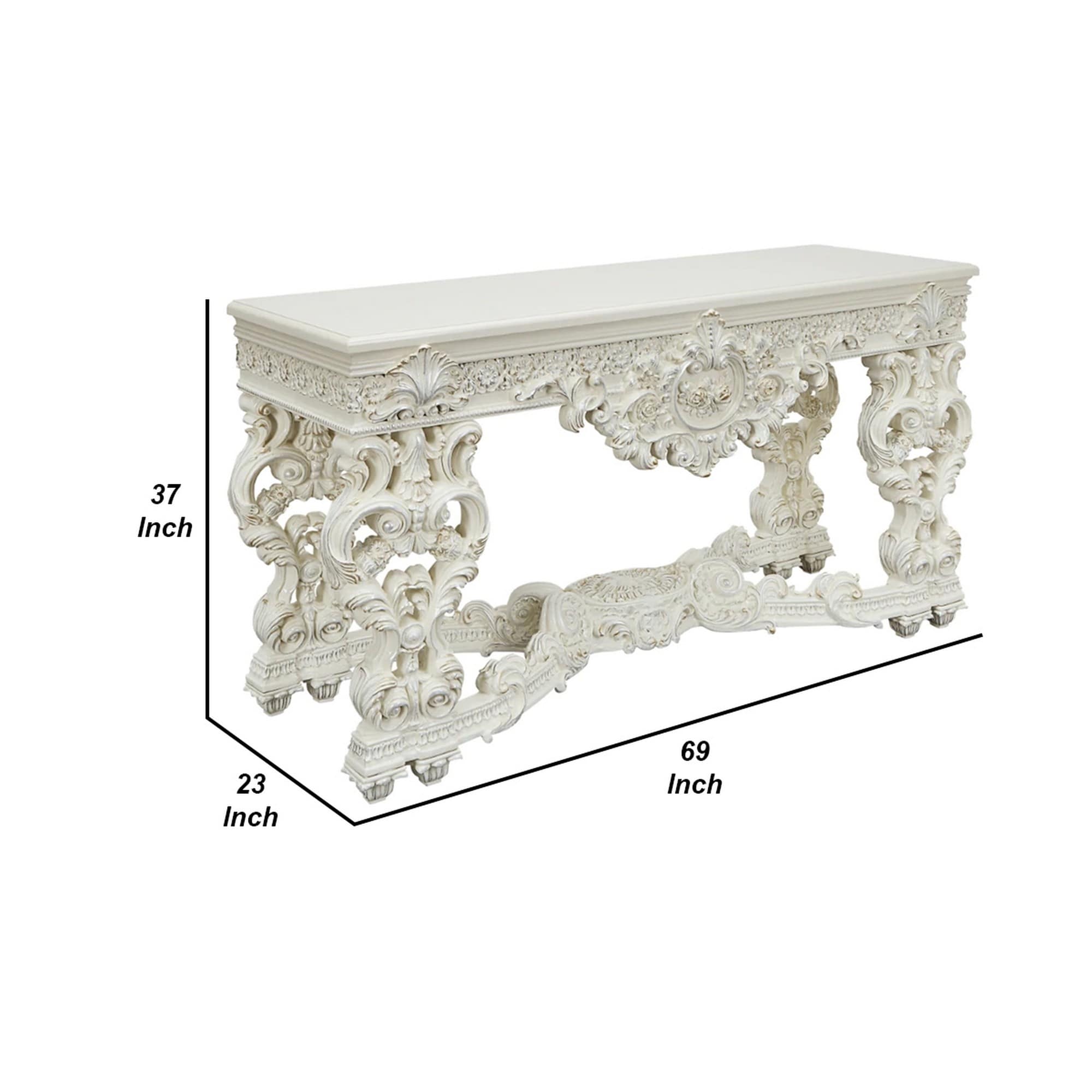 Ataa 69 Inch Rectangular Sofa Table, Ornate Floral Carved Legs, White