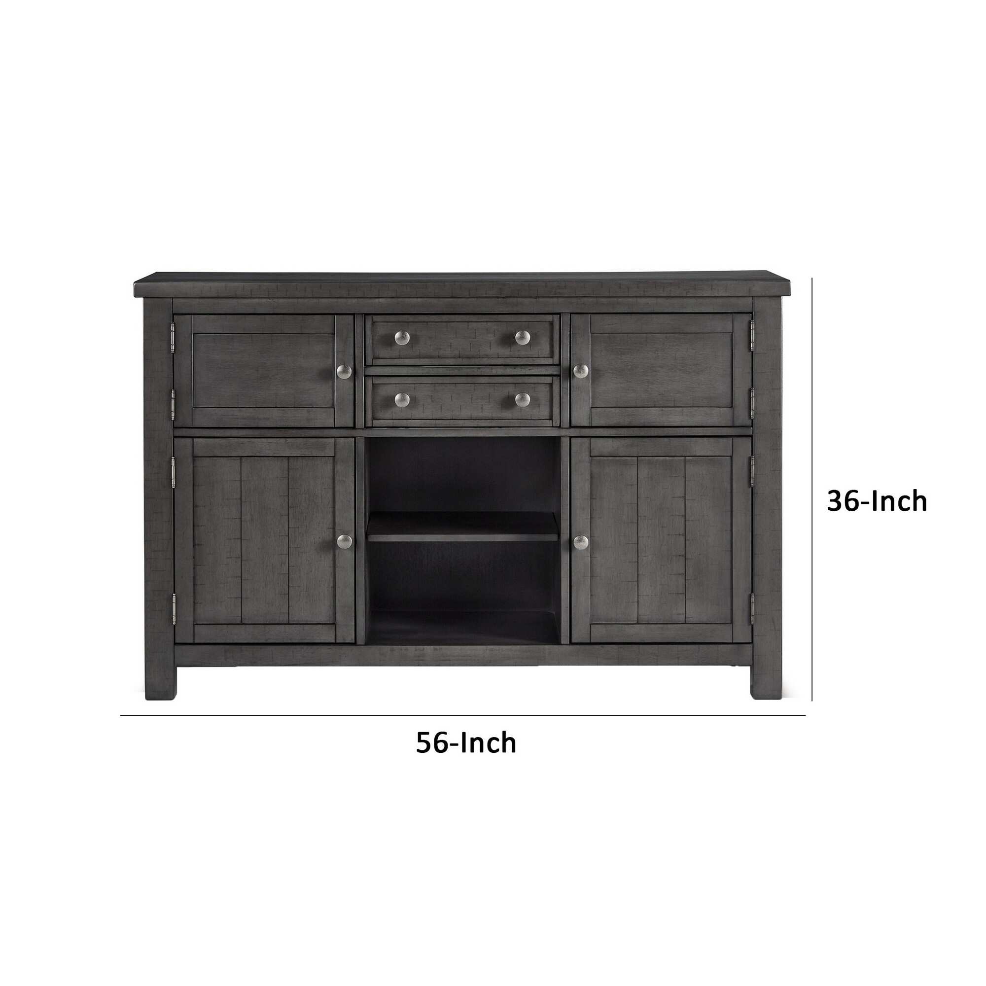 Ibis 56 Inch Dining Room Server Console, 4 Doors, 2 Drawers, Gray Wood