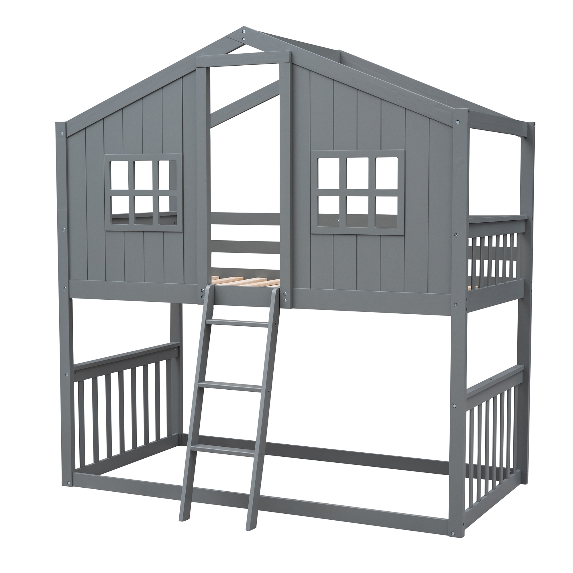 Modern & Rustic Style Twin Over Twin Size Solid Wood Frame House Bunk Bed With Ladder and Roof, No Spring Box Needed - Grey