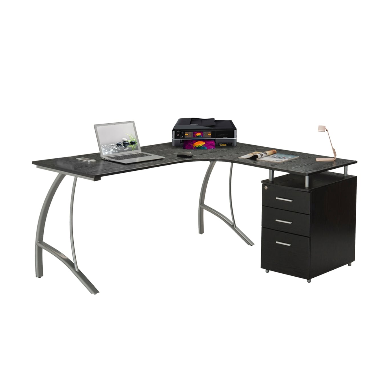 Techni Mobili Modern L- Shaped Computer Desk with File Cabinet and Storage