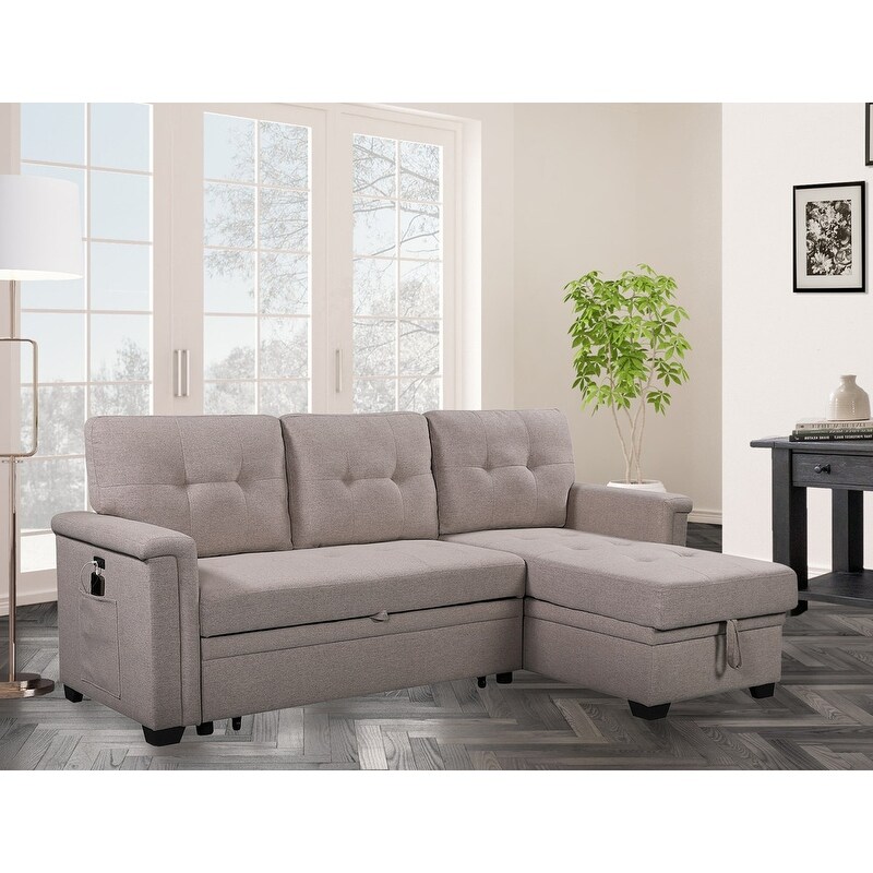 84" Woven Fabric Sectional Sofa Chaise with USB and Tablet Pocket, Sleeper Sofa, Tufted Back Sofa, Pillow Top Arm Sofa - Light Gray