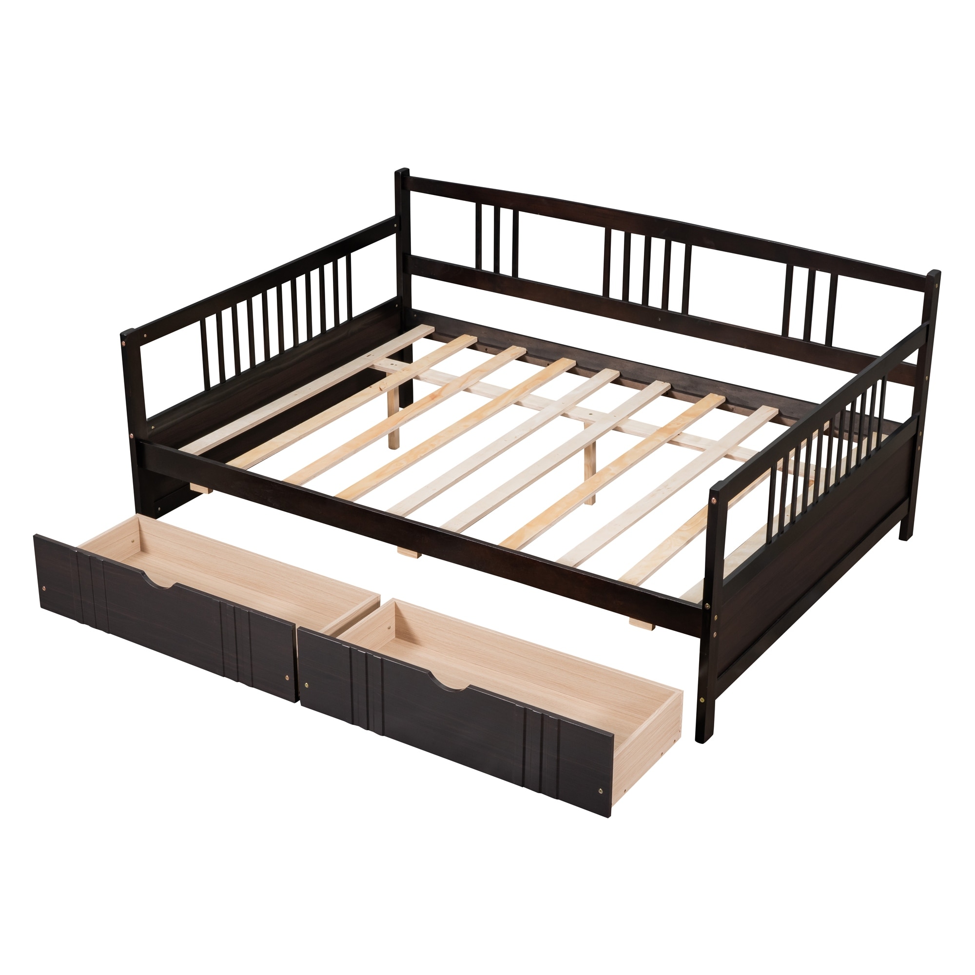 Full Size Solid Wood Frame Daybed Wood Bed with Two Drawers and Three Sides Rails,Easy Assemble