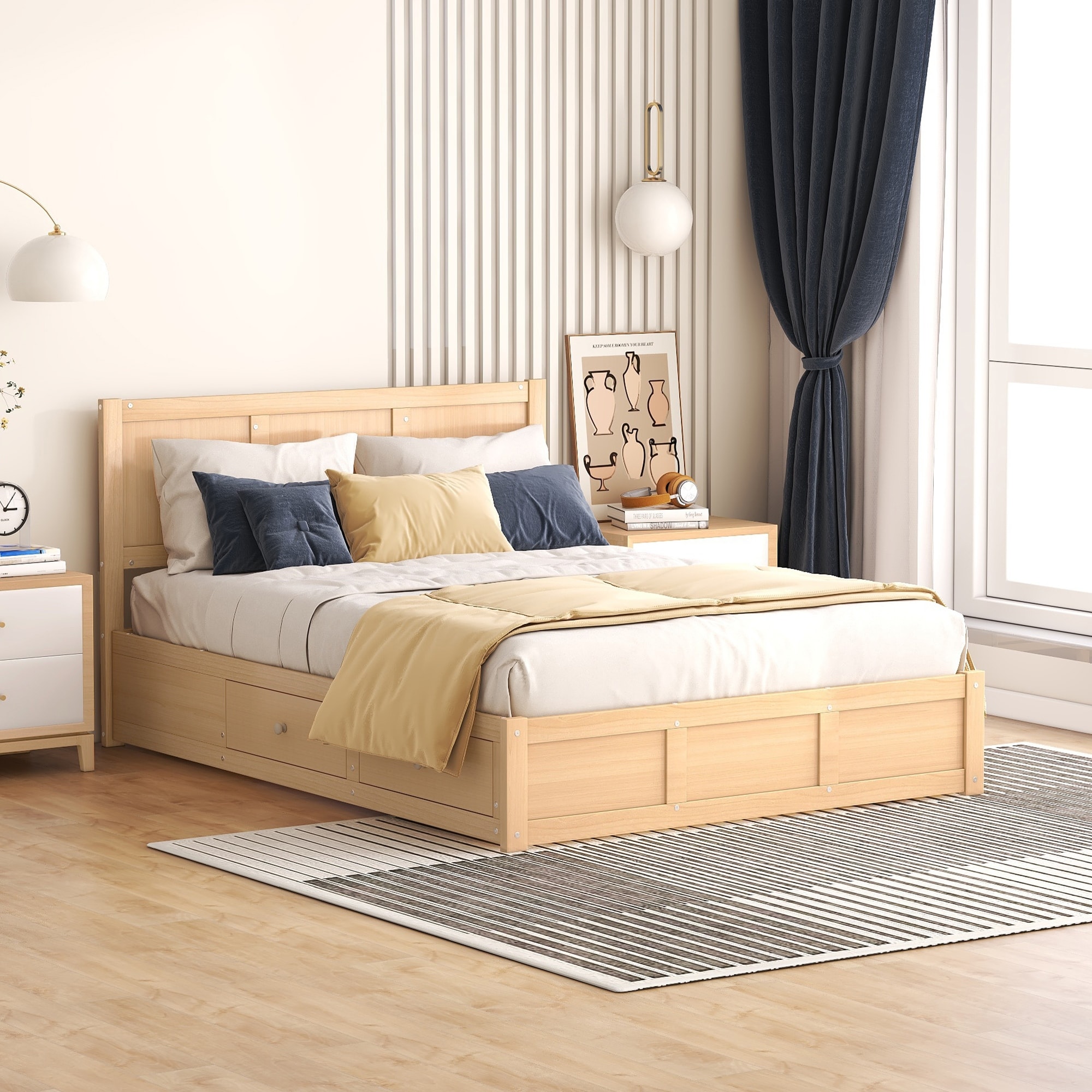 Full Size Wood Storage Platform Bed with Underneath Storage Space, 2 Drawers, Bed with Wood Headboard and Wood Slats