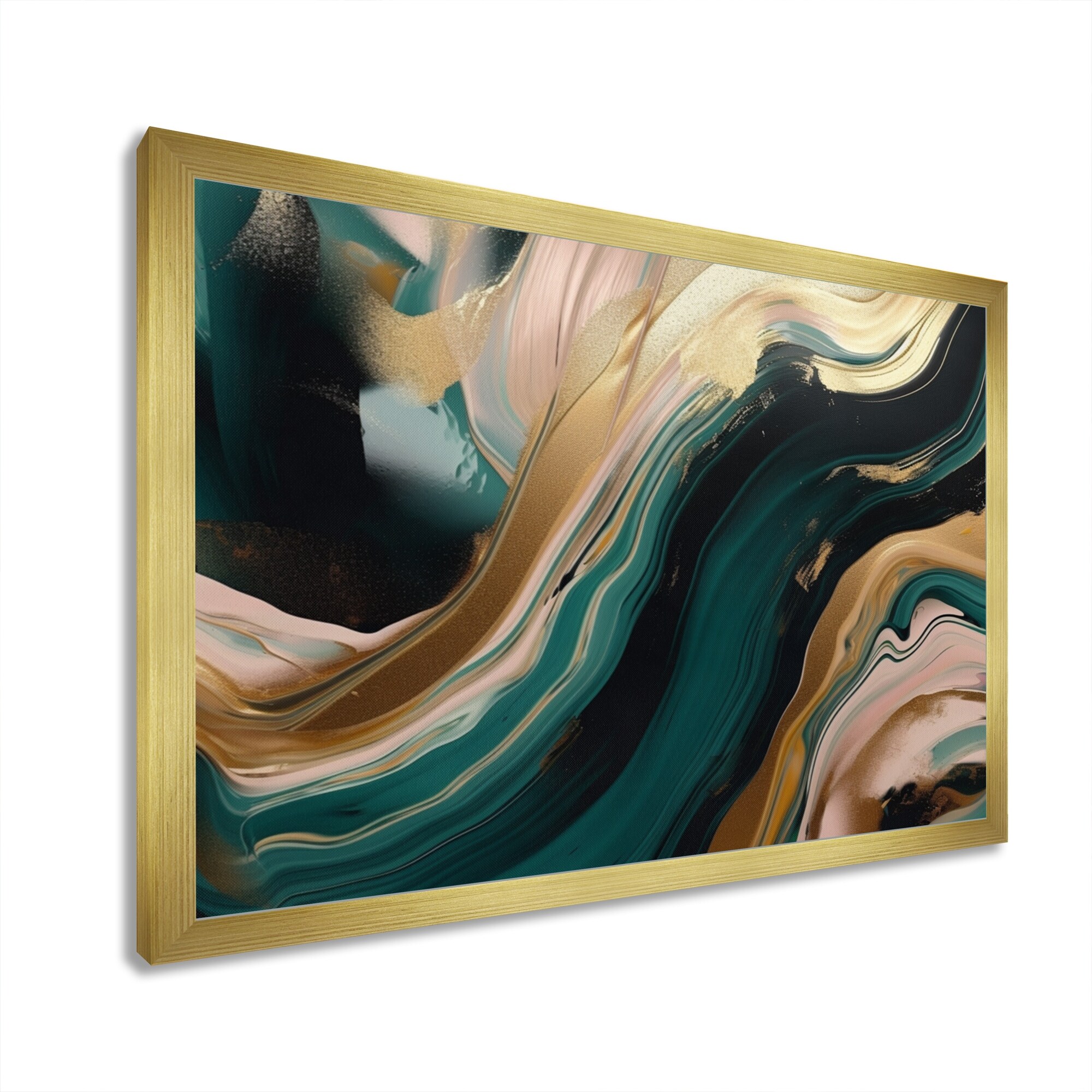 Designart "Gold And Green Marbled Euphoria Iii" Abstract Marble Framed Canvas Wall Art