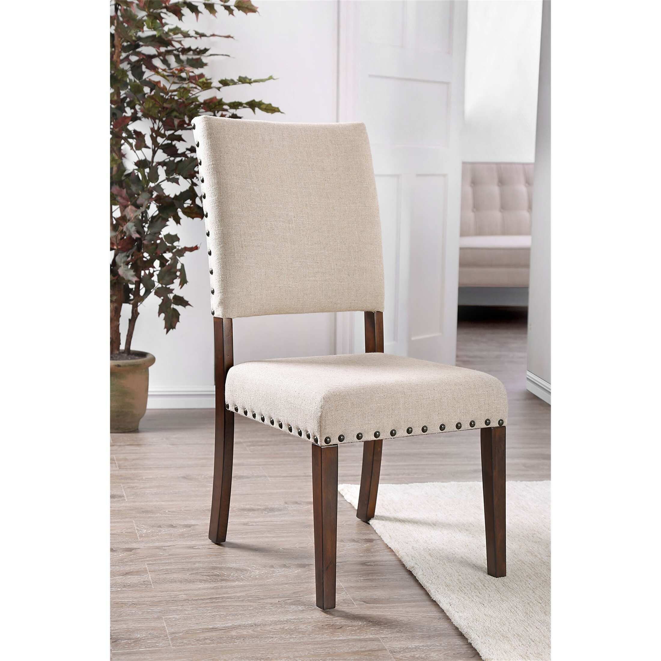 Rustic 2 pcs Dining Chairs Beige Fabric Upholstered Cushion