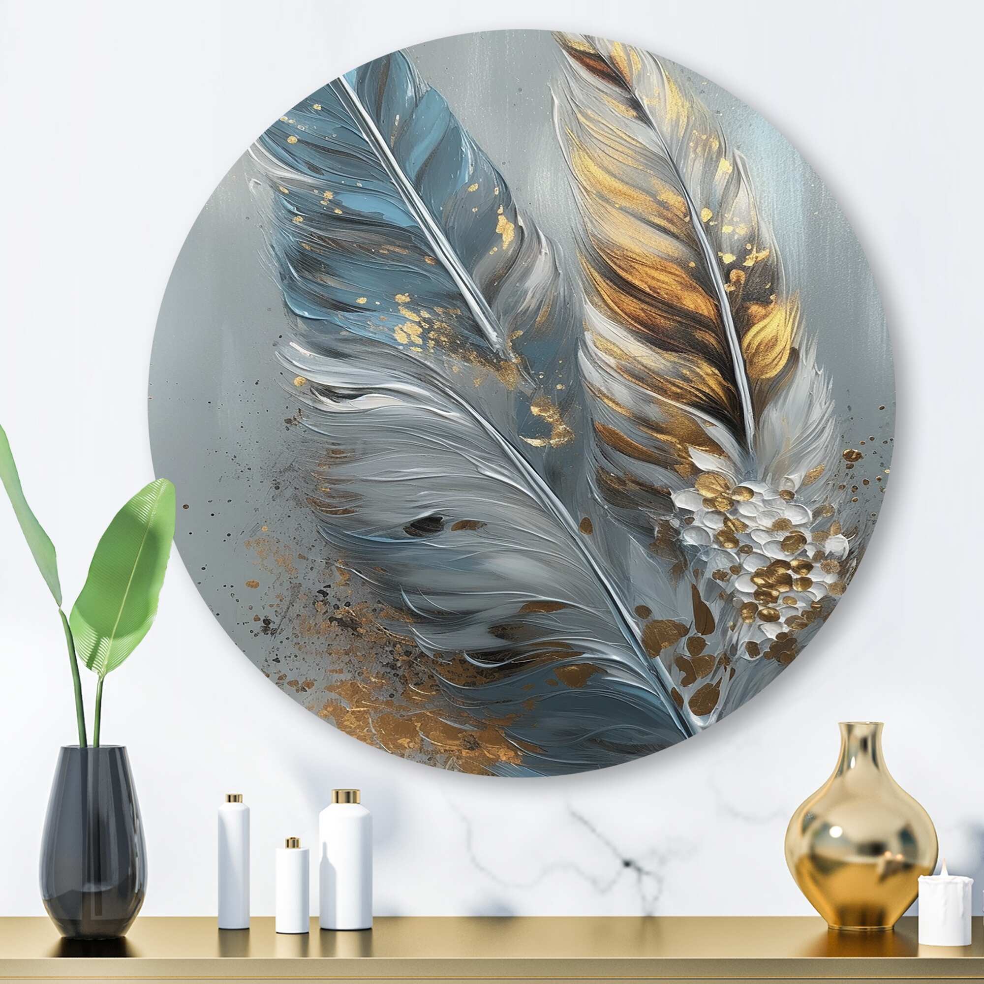 Designart "Gold Feather Wanderlust I" Glam Feather Metal Round Wall Art