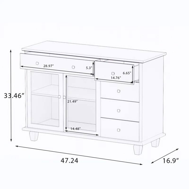 47.24" Wide 5 Drawer Server,Buffet Cabinet White Modern Sideboard Cupboards with 2 Glass Doors Adjustable Shelf